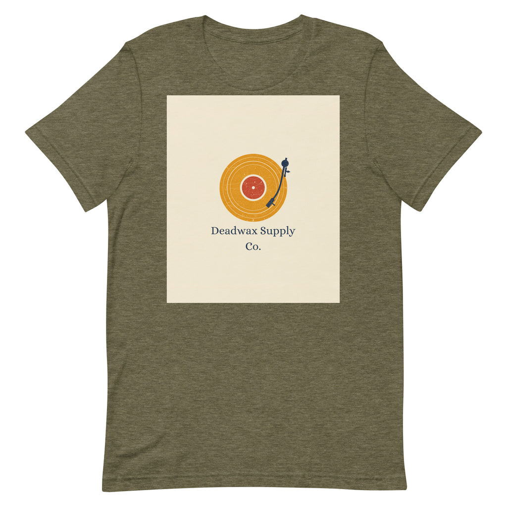 Deadwax Tonearm Tee in heather olive – vinyl record collector t-shirt with tonearm and record logo
