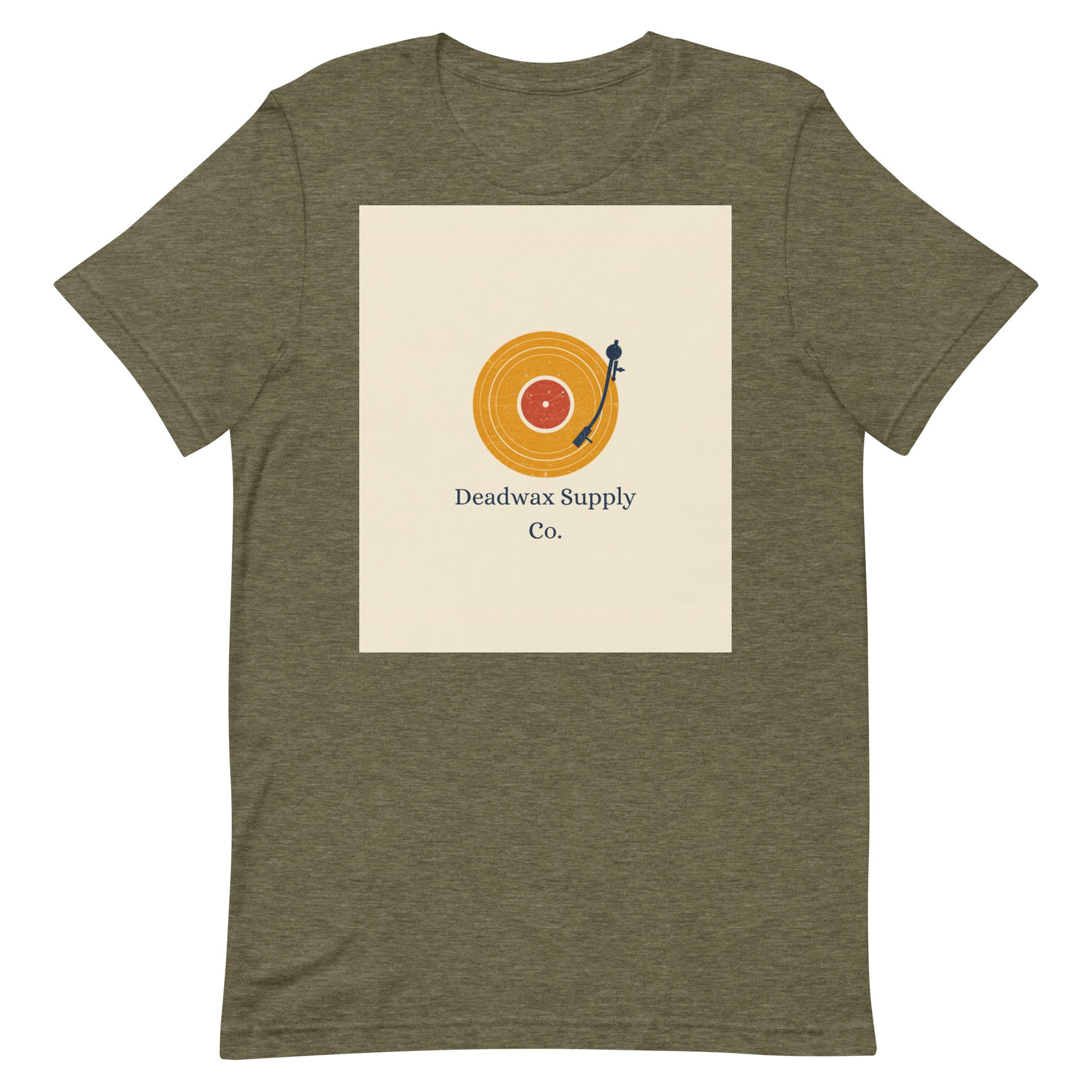 Deadwax Tonearm Tee in heather olive – vinyl record collector t-shirt with tonearm and record logo