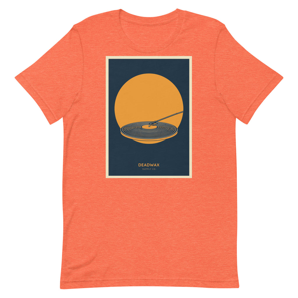 Deadwax Tonearm Tee in heather orange – vinyl record collector t-shirt with tonearm and record logo