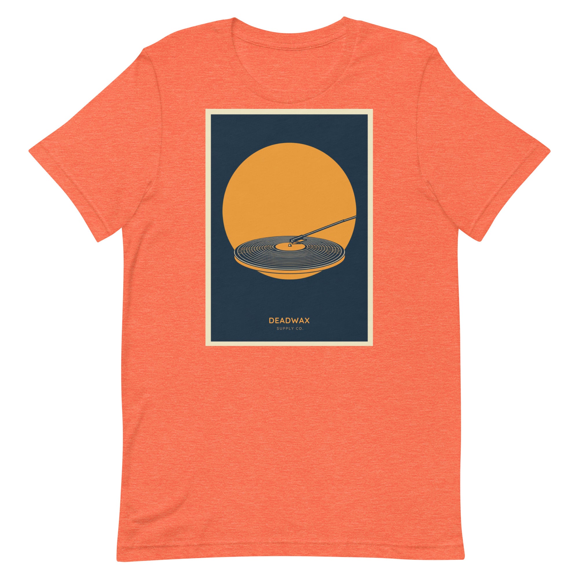 Deadwax Tonearm Tee in heather orange – vinyl record collector t-shirt with tonearm and record logo