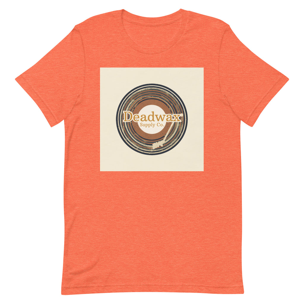 Deadwax Tonearm Tee in heather orange – vinyl record collector t-shirt with tonearm and record logo
