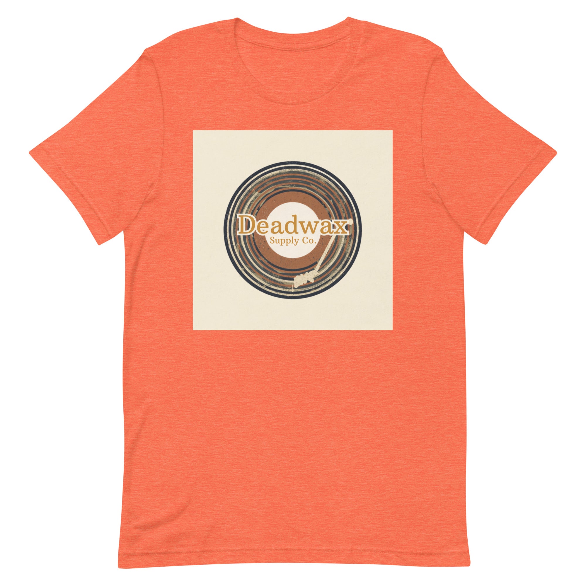 Deadwax Tonearm Tee in heather orange – vinyl record collector t-shirt with tonearm and record logo