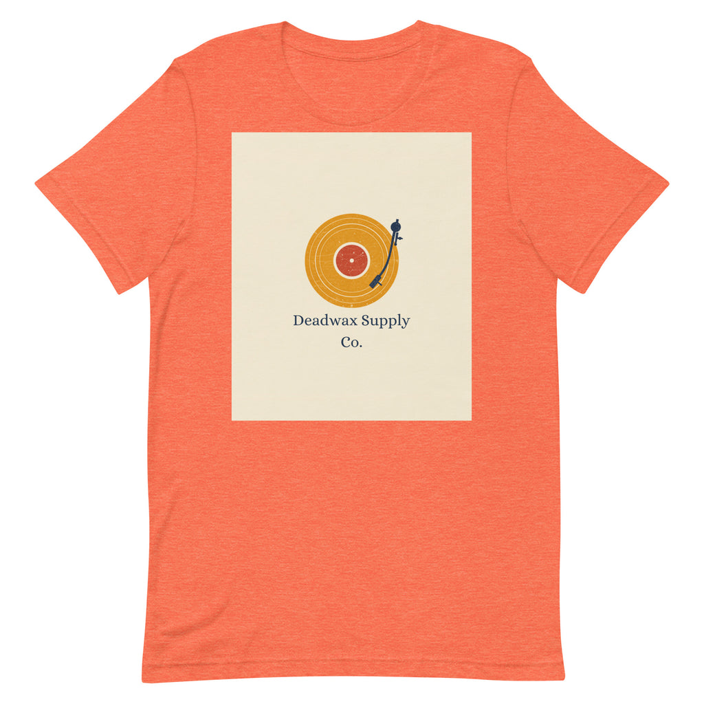 Deadwax Tonearm Tee in heather orange – vinyl record collector t-shirt with tonearm and record logo