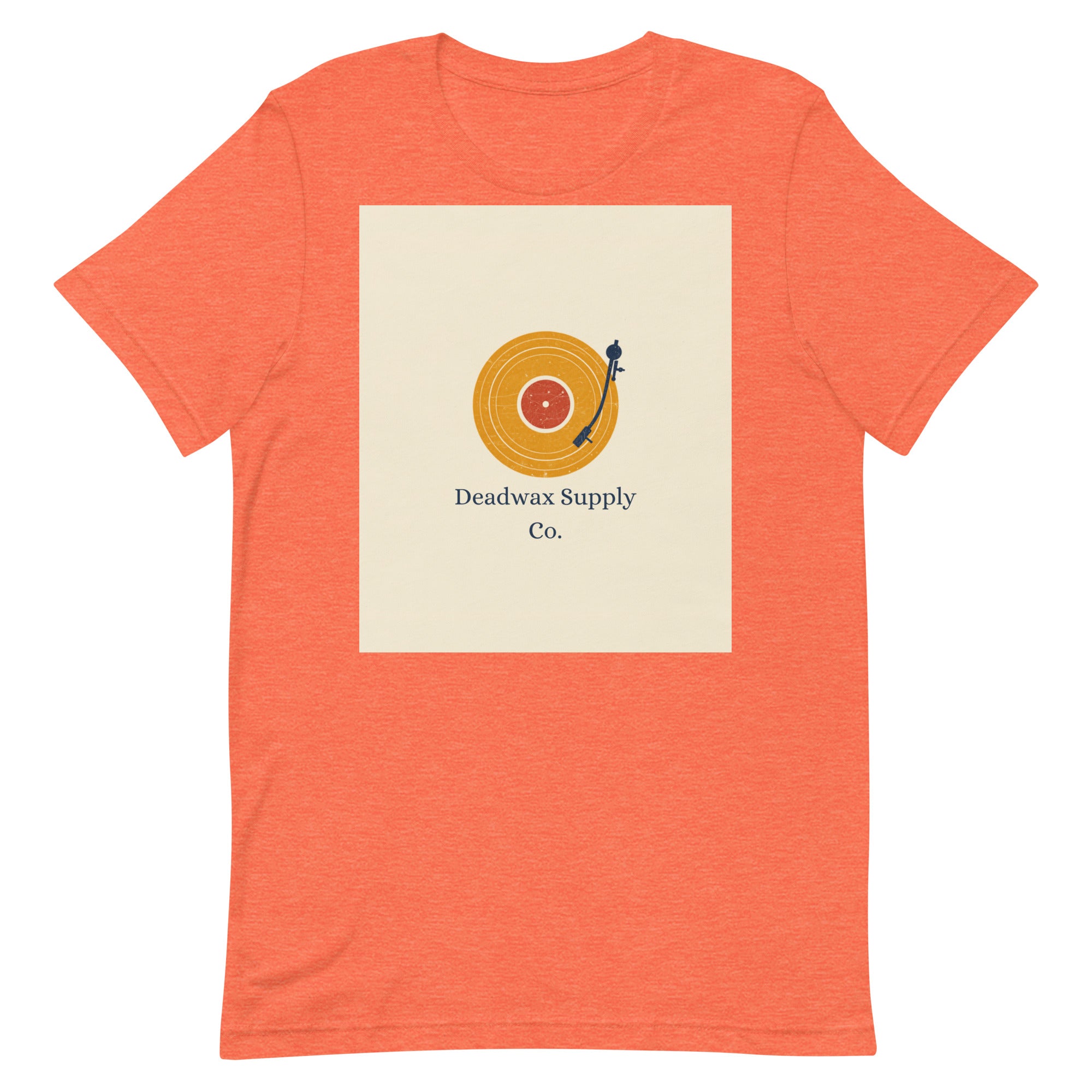 Deadwax Tonearm Tee in heather orange – vinyl record collector t-shirt with tonearm and record logo