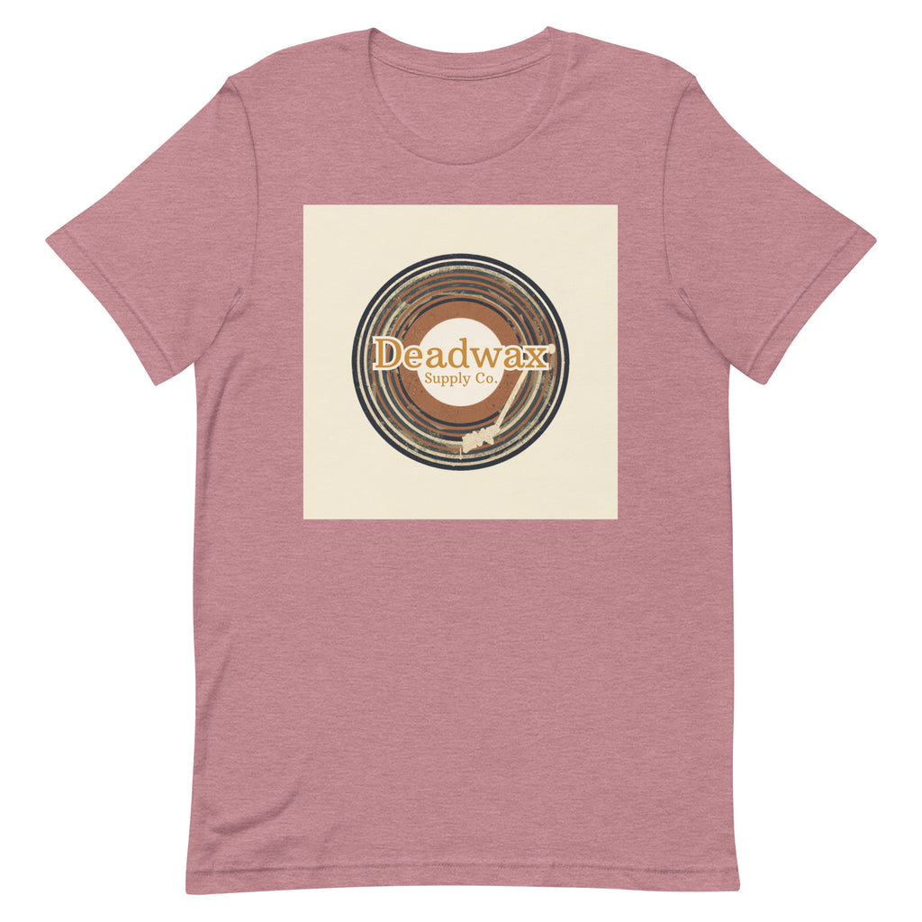 Deadwax Tonearm Tee in heather orchid – vinyl record collector t-shirt with tonearm and record logo