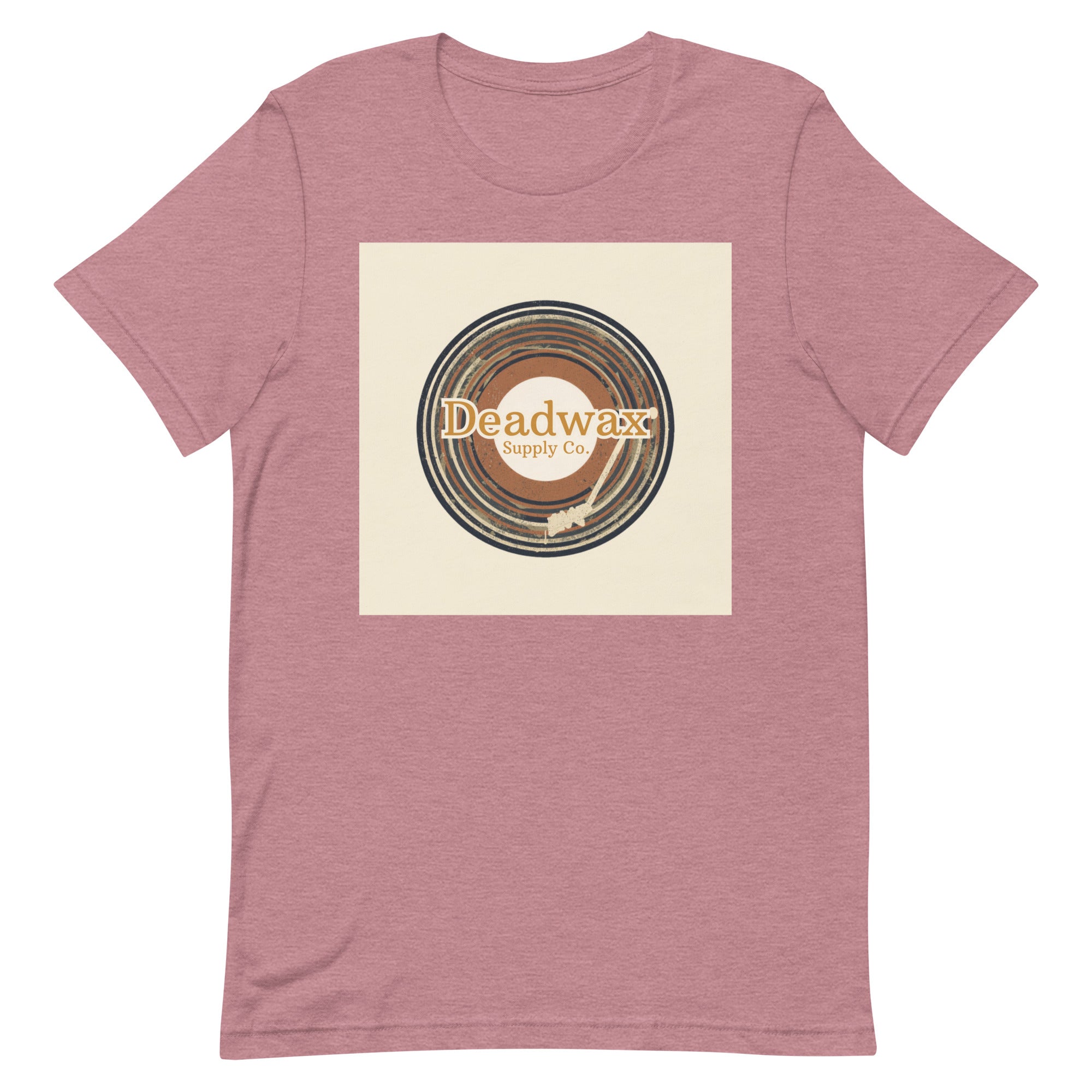 Deadwax Tonearm Tee in heather orchid – vinyl record collector t-shirt with tonearm and record logo