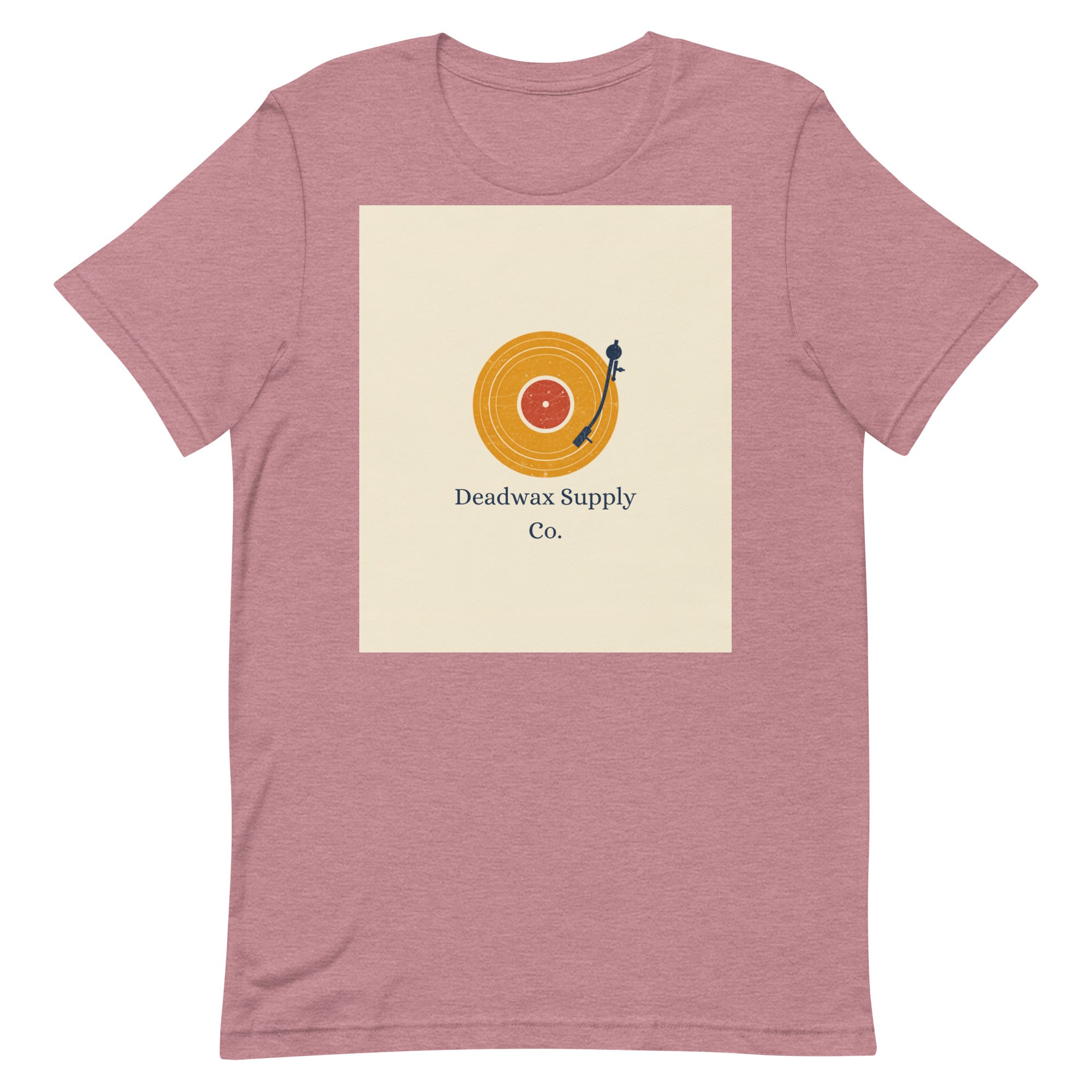 Deadwax Tonearm Tee in heather orchid – vinyl record collector t-shirt with tonearm and record logo