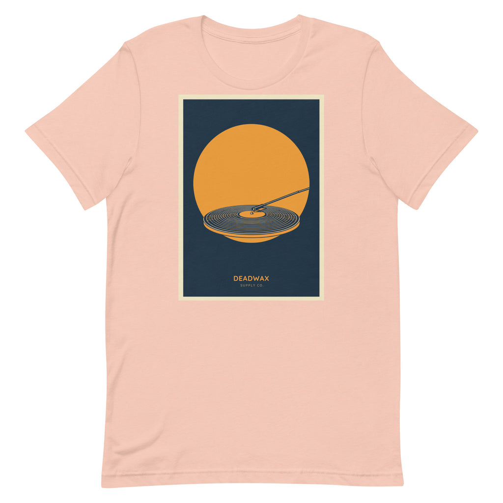 Deadwax Tonearm Tee in heather peach – vinyl record collector t-shirt with tonearm and record logo