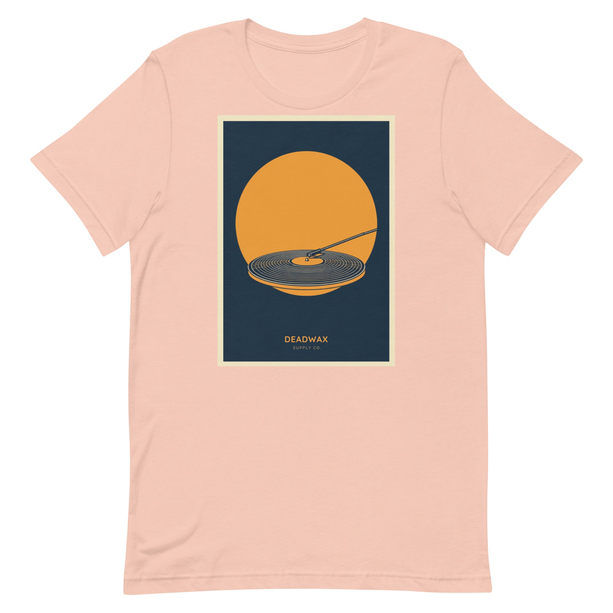 Deadwax Tonearm Tee in heather peach – vinyl record collector t-shirt with tonearm and record logo