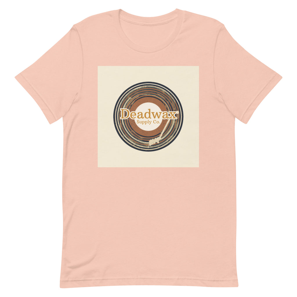 Deadwax Tonearm Tee in heather peach – vinyl record collector t-shirt with tonearm and record logo