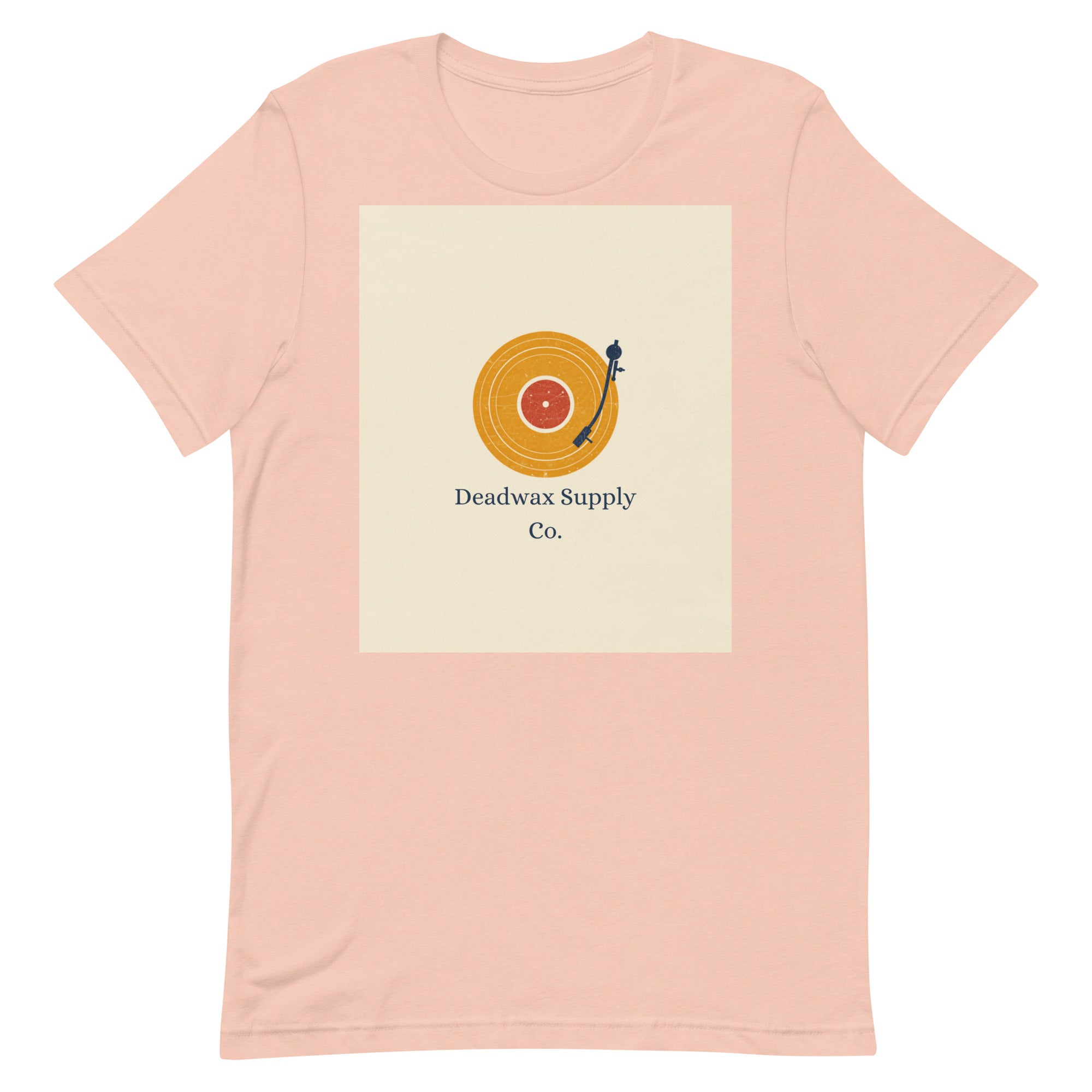 Deadwax Tonearm Tee in heather peach – vinyl record collector t-shirt with tonearm and record logo