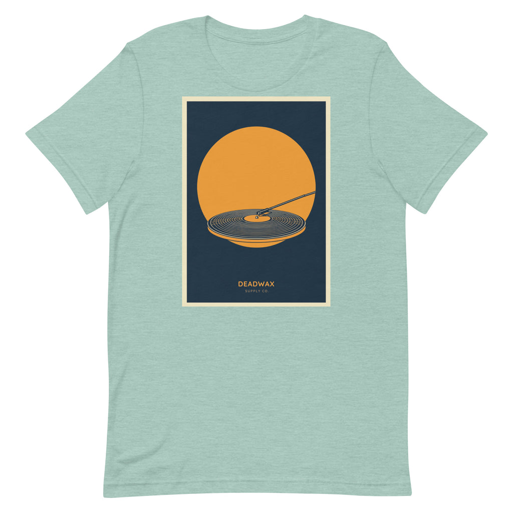 Deadwax Tonearm Tee in heather prism dusty blue – vinyl record collector t-shirt with tonearm and record logo