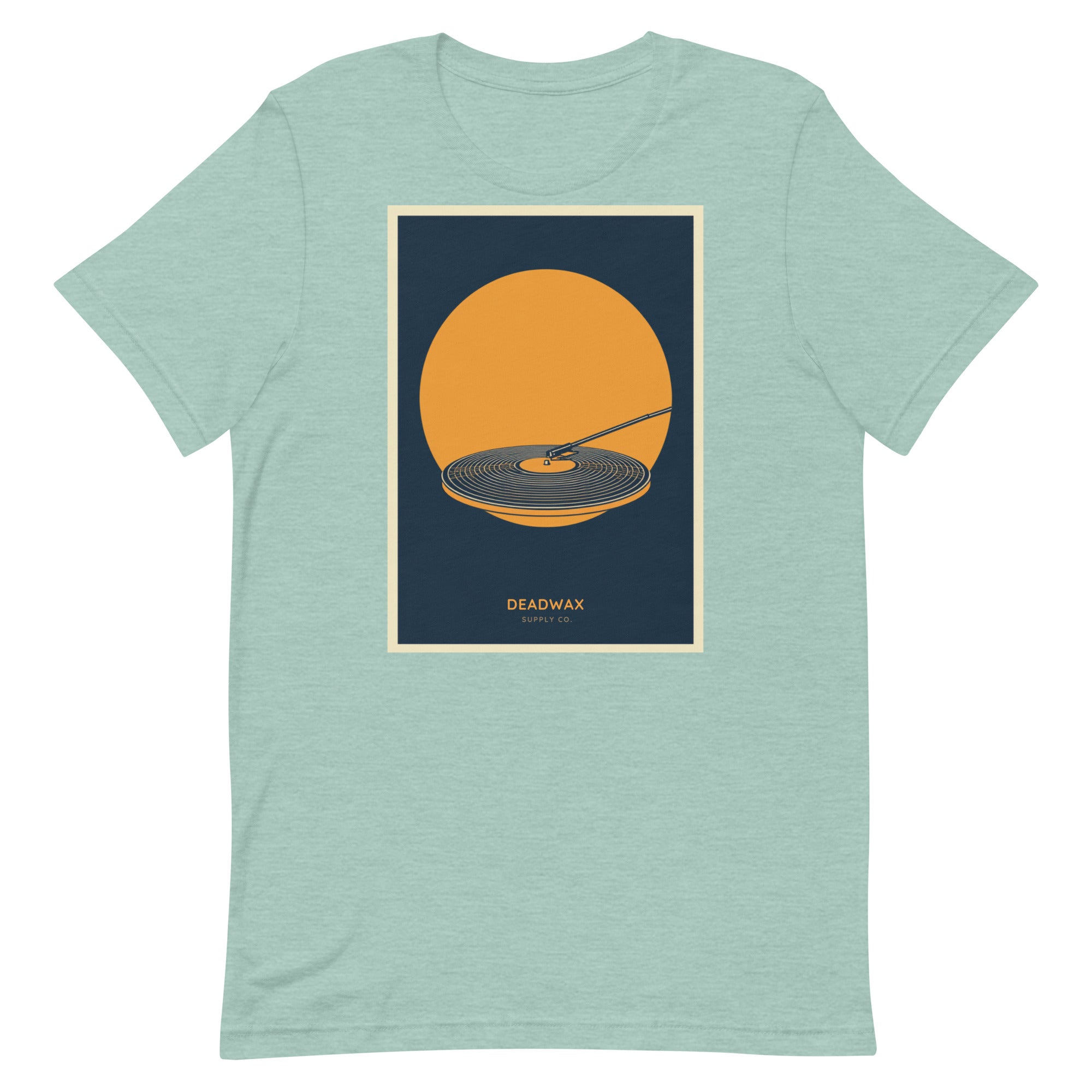 Deadwax Tonearm Tee in heather prism dusty blue – vinyl record collector t-shirt with tonearm and record logo