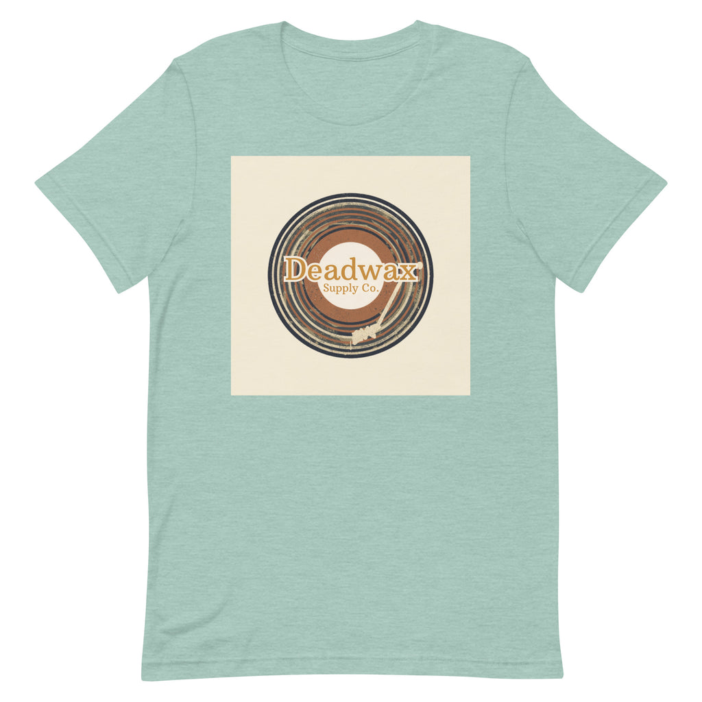 Deadwax Tonearm Tee in heather prism dusty blue – vinyl record collector t-shirt with tonearm and record logo
