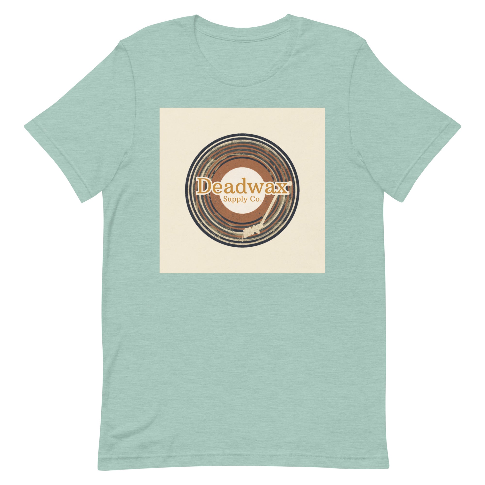 Deadwax Tonearm Tee in heather prism dusty blue – vinyl record collector t-shirt with tonearm and record logo
