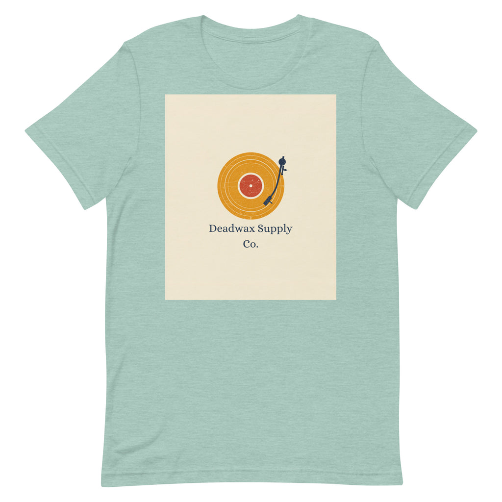 Deadwax Tonearm Tee in heather prism dusty blue – vinyl record collector t-shirt with tonearm and record logo