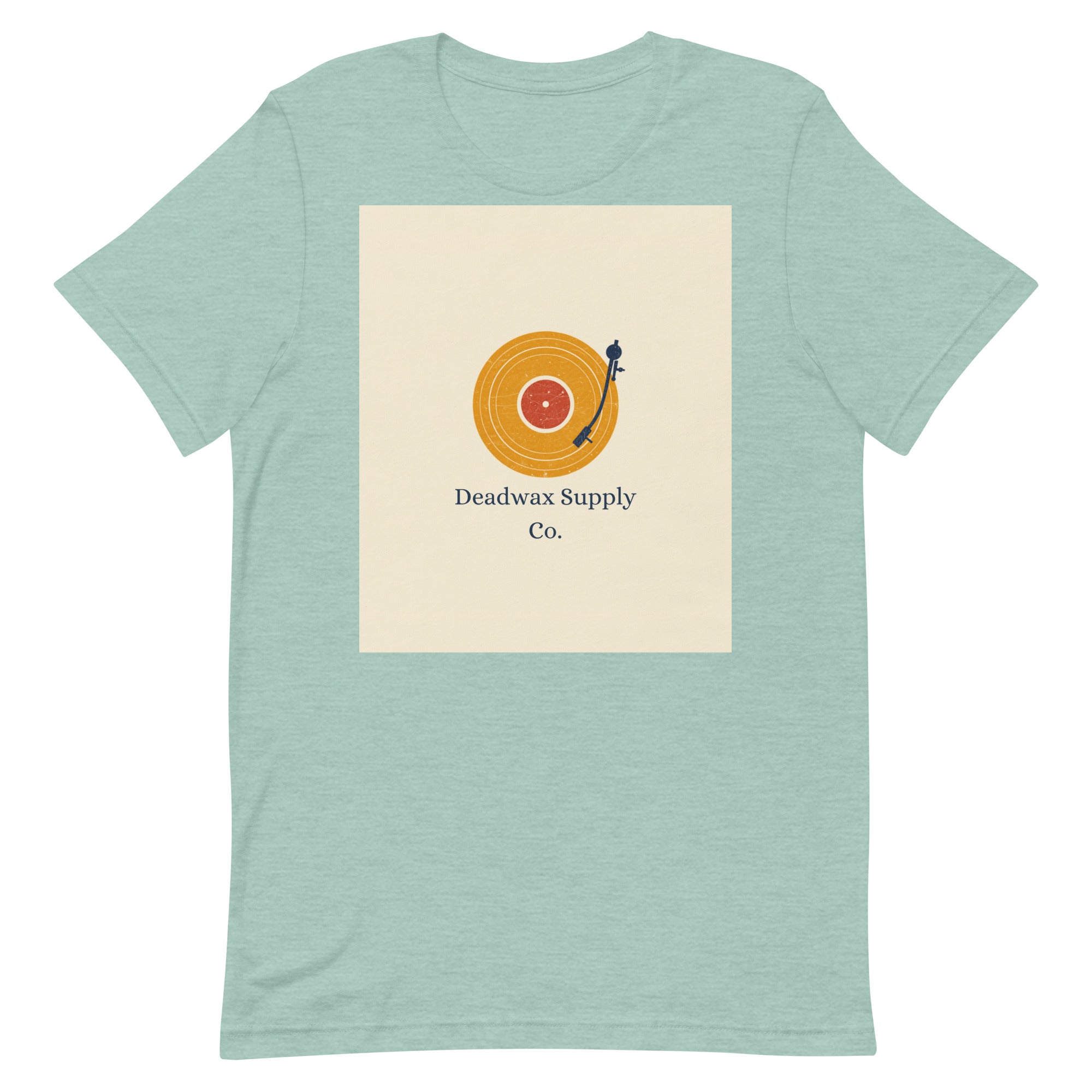 Deadwax Tonearm Tee in heather prism dusty blue – vinyl record collector t-shirt with tonearm and record logo