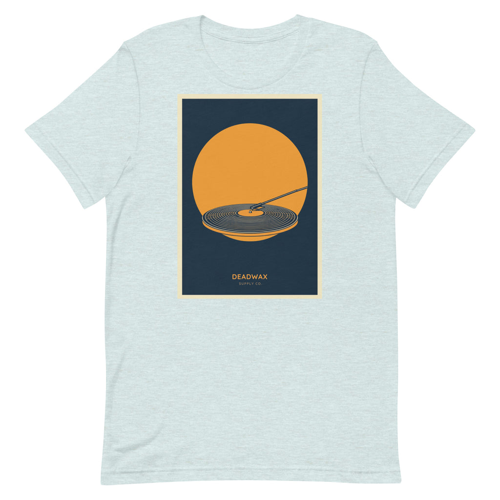 Deadwax Tonearm Tee in heather prism ice blue – vinyl record collector t-shirt with tonearm and record logo