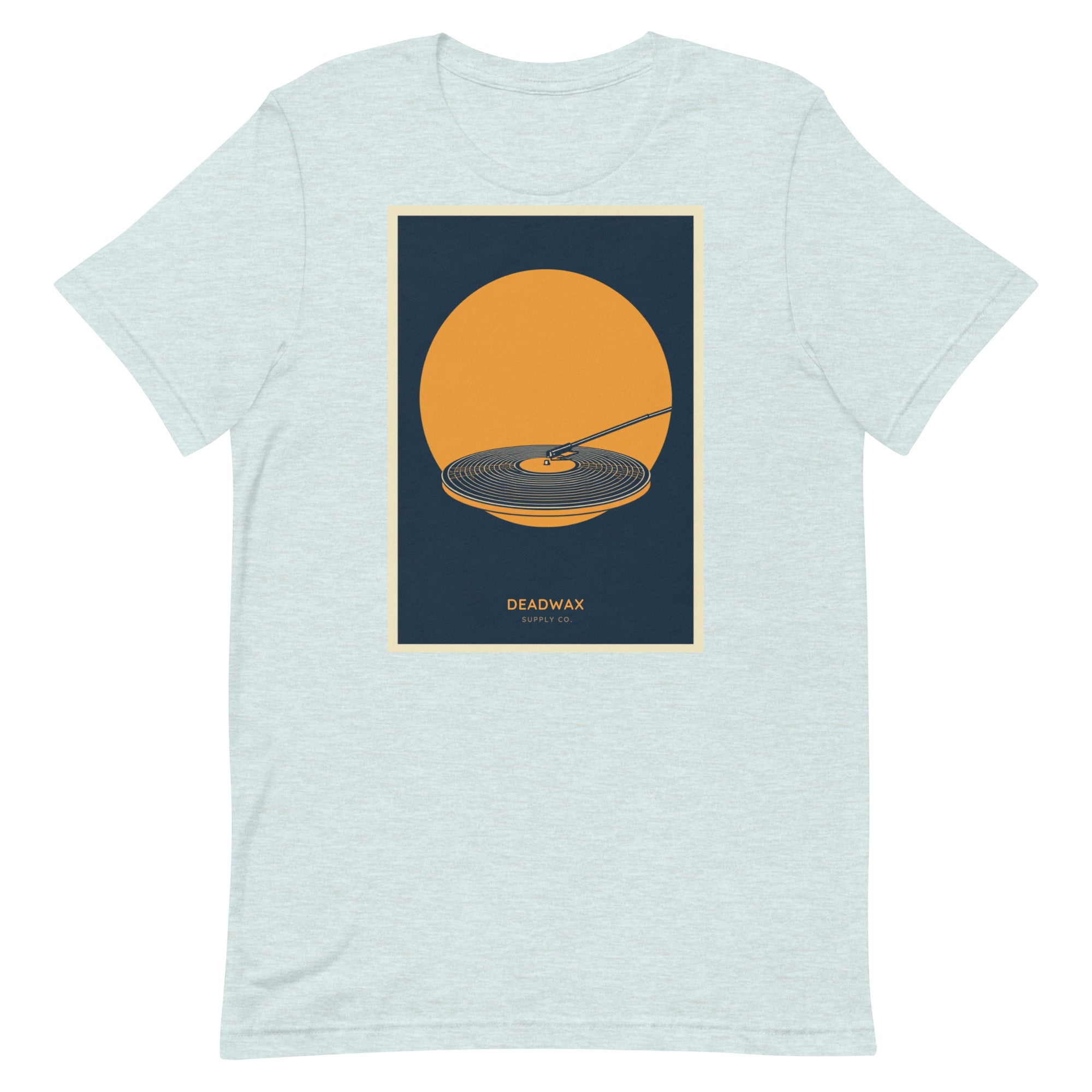 Deadwax Tonearm Tee in heather prism ice blue – vinyl record collector t-shirt with tonearm and record logo