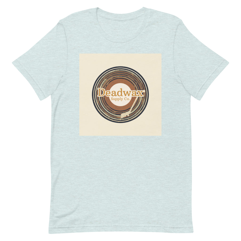 Deadwax Tonearm Tee in heather prism ice blue – vinyl record collector t-shirt with tonearm and record logo