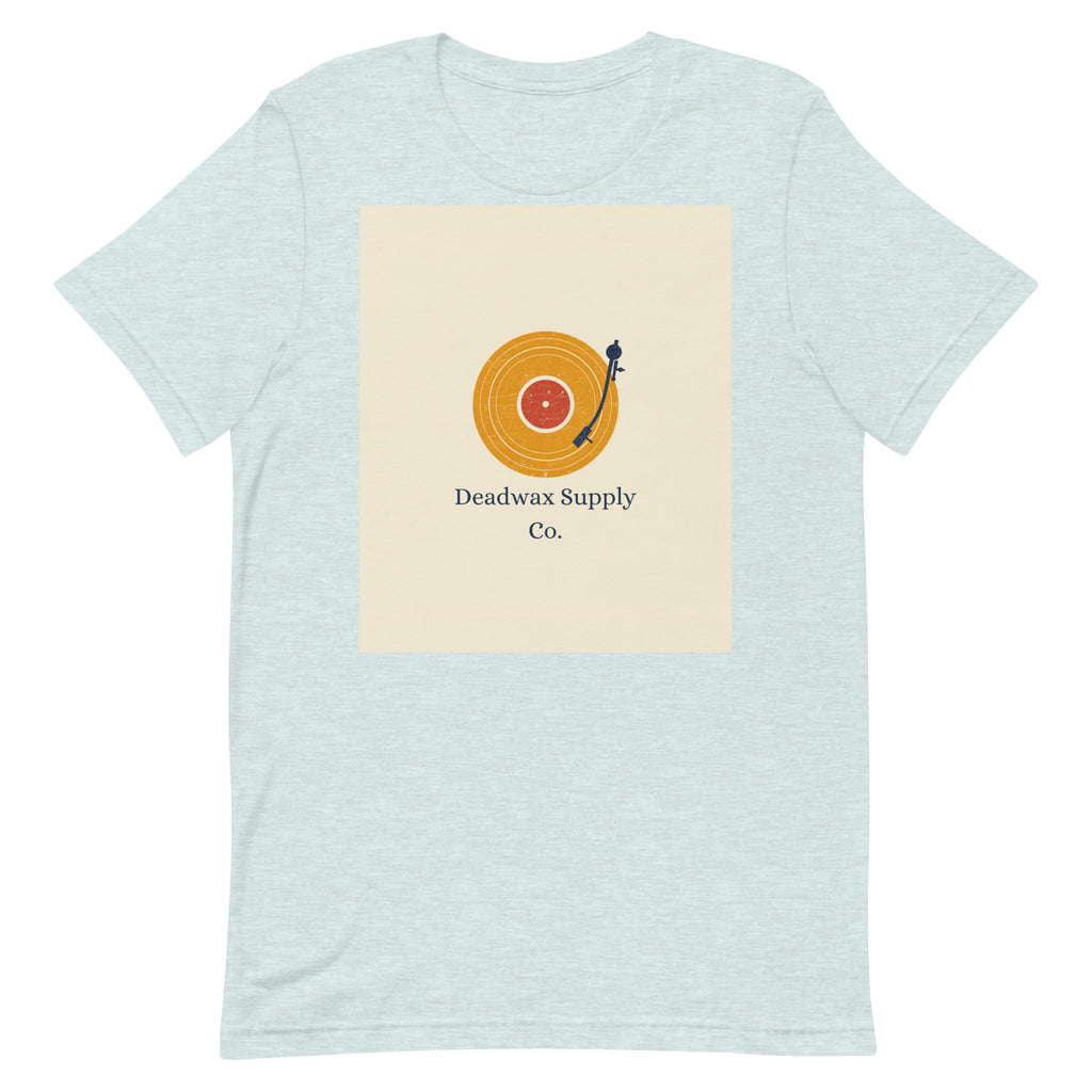 Deadwax Tonearm Tee in heather prism ice blue – vinyl record collector t-shirt with tonearm and record logo