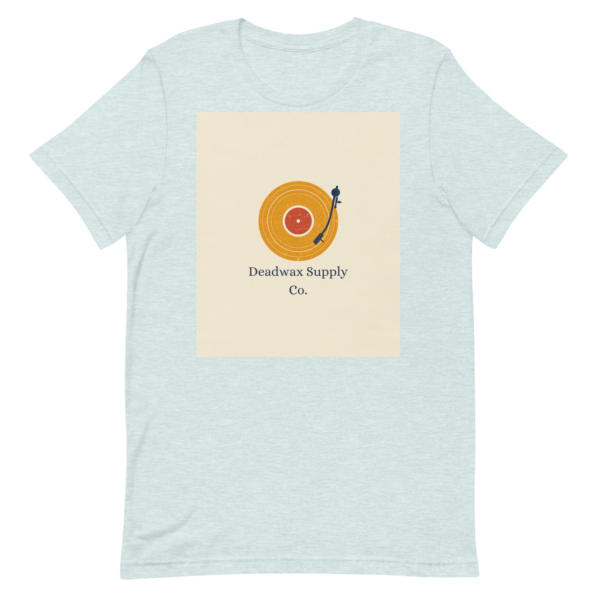 Deadwax Tonearm Tee in heather prism ice blue – vinyl record collector t-shirt with tonearm and record logo