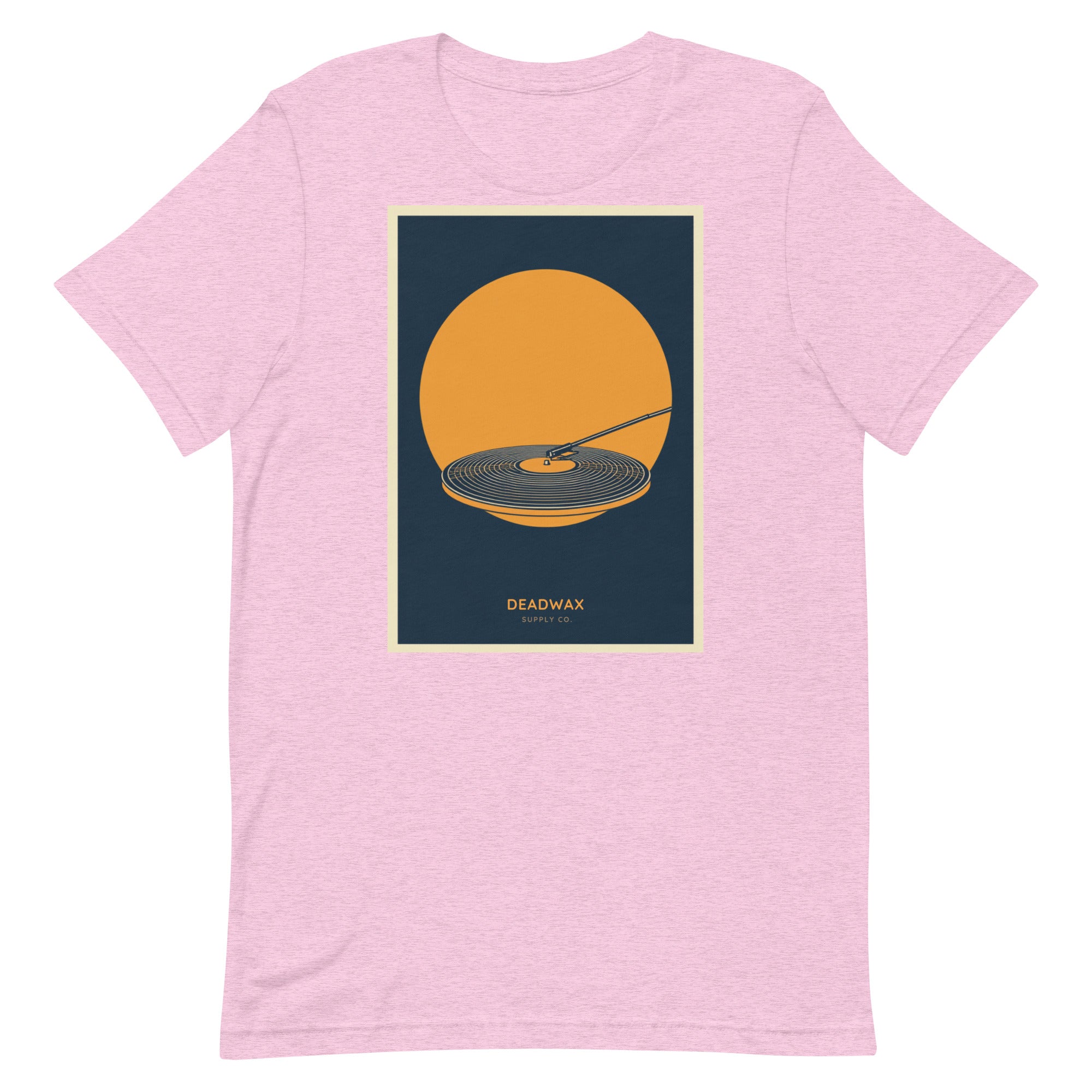 Deadwax Tonearm Tee in heather prism lilac – vinyl record collector t-shirt with tonearm and record logo