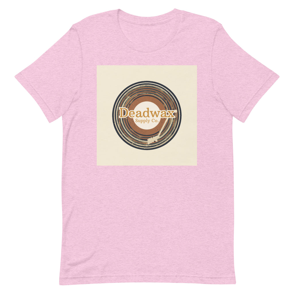 Deadwax Tonearm Tee in heather prism lilac – vinyl record collector t-shirt with tonearm and record logo