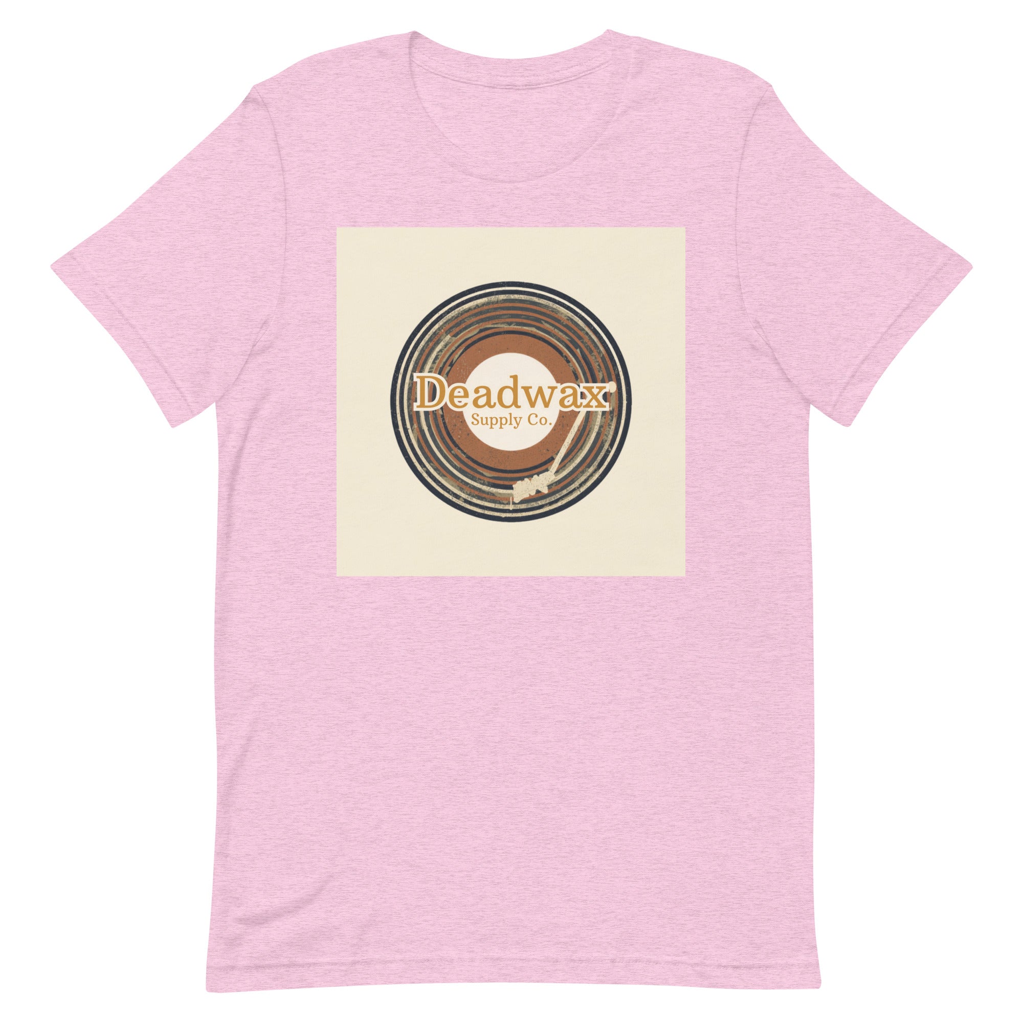 Deadwax Tonearm Tee in heather prism lilac – vinyl record collector t-shirt with tonearm and record logo