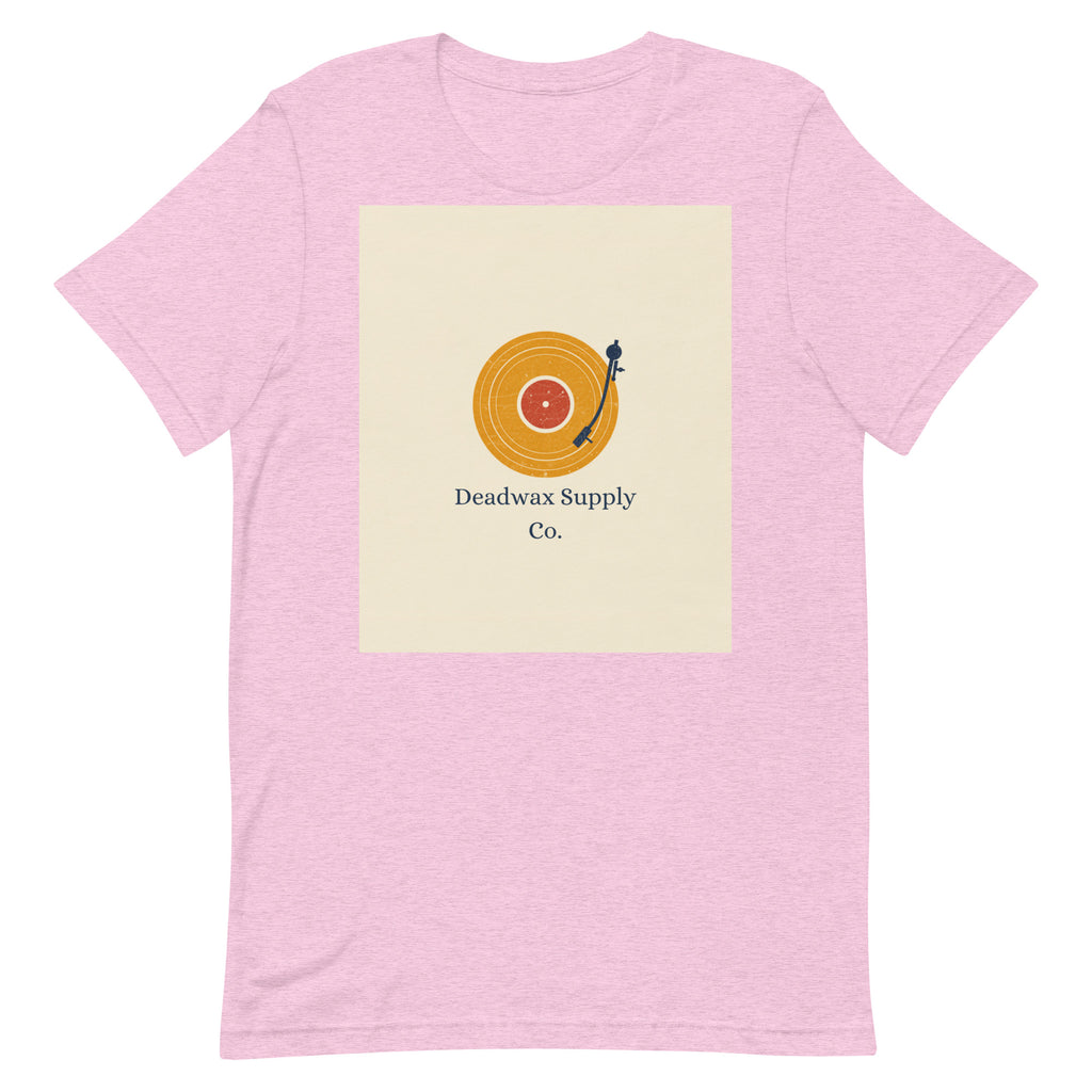 Deadwax Tonearm Tee in heather prism lilac – vinyl record collector t-shirt with tonearm and record logo