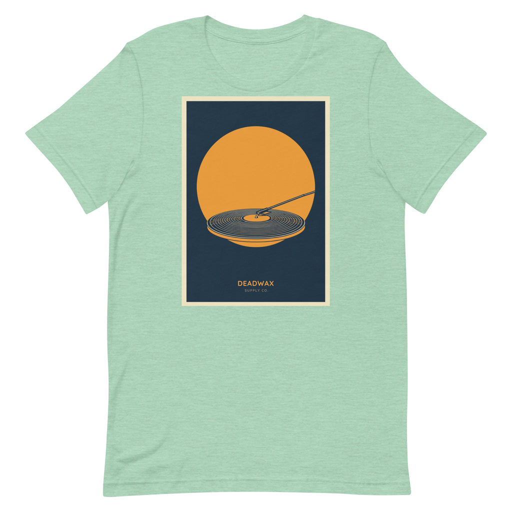 Deadwax Tonearm Tee in heather prism mint – vinyl record collector t-shirt with tonearm and record logo