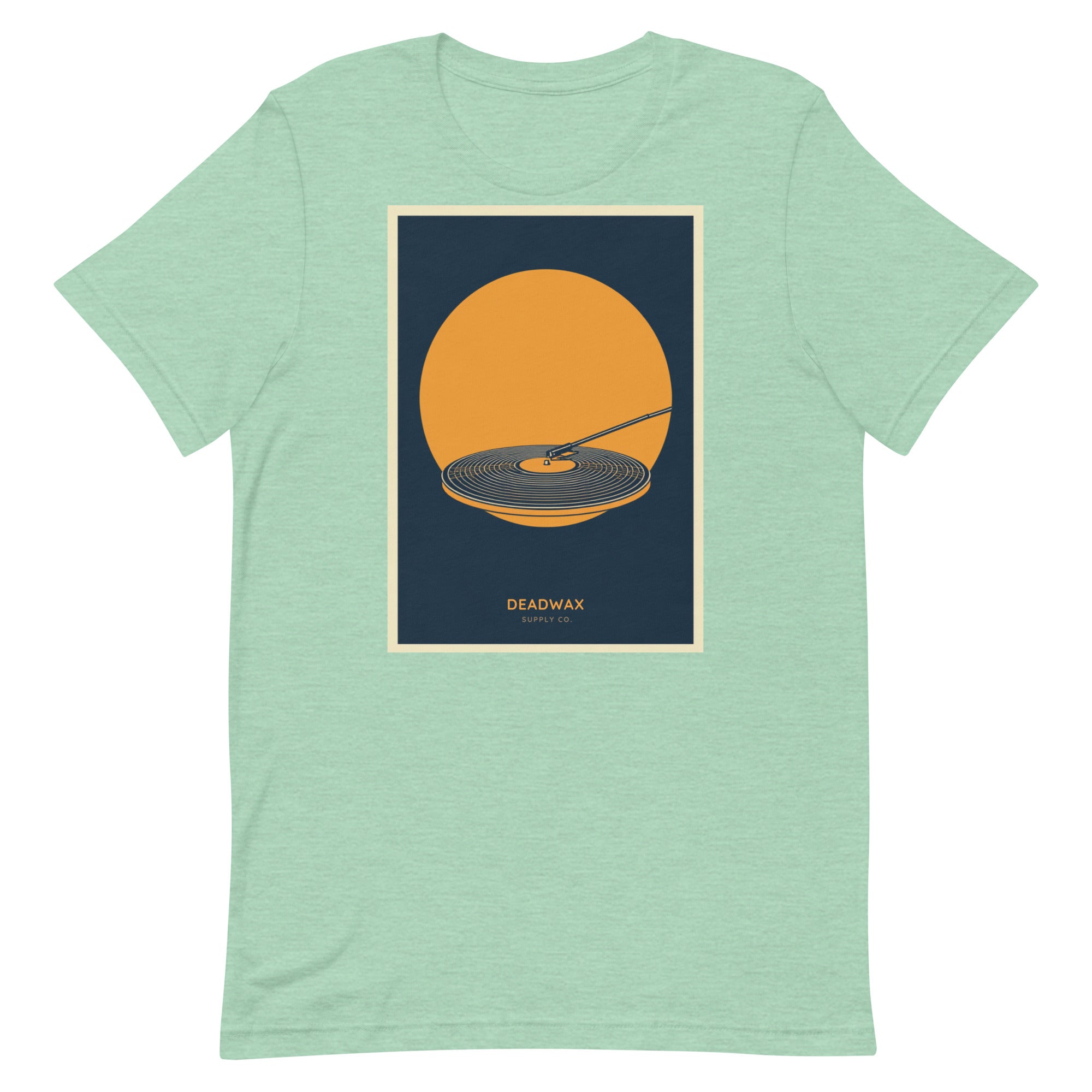 Deadwax Tonearm Tee in heather prism mint – vinyl record collector t-shirt with tonearm and record logo