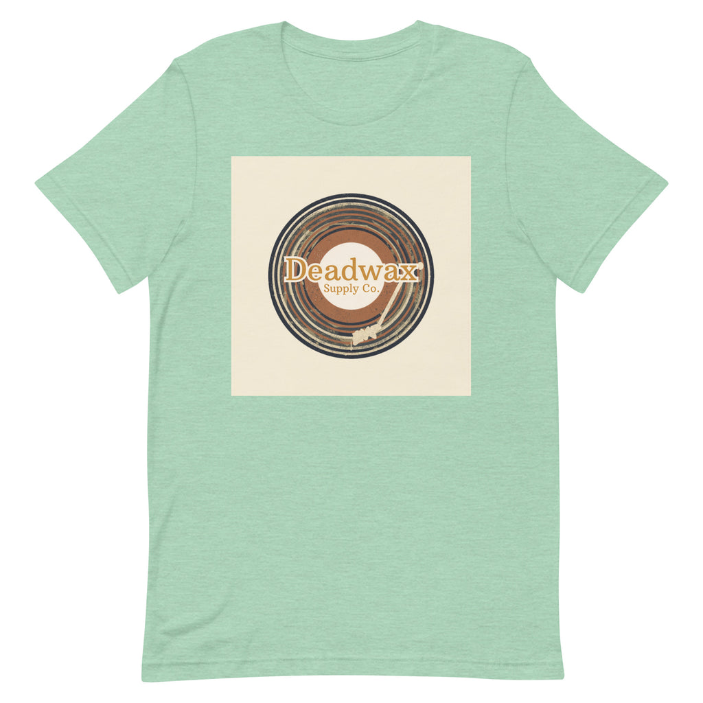 Deadwax Tonearm Tee in heather prism mint – vinyl record collector t-shirt with tonearm and record logo
