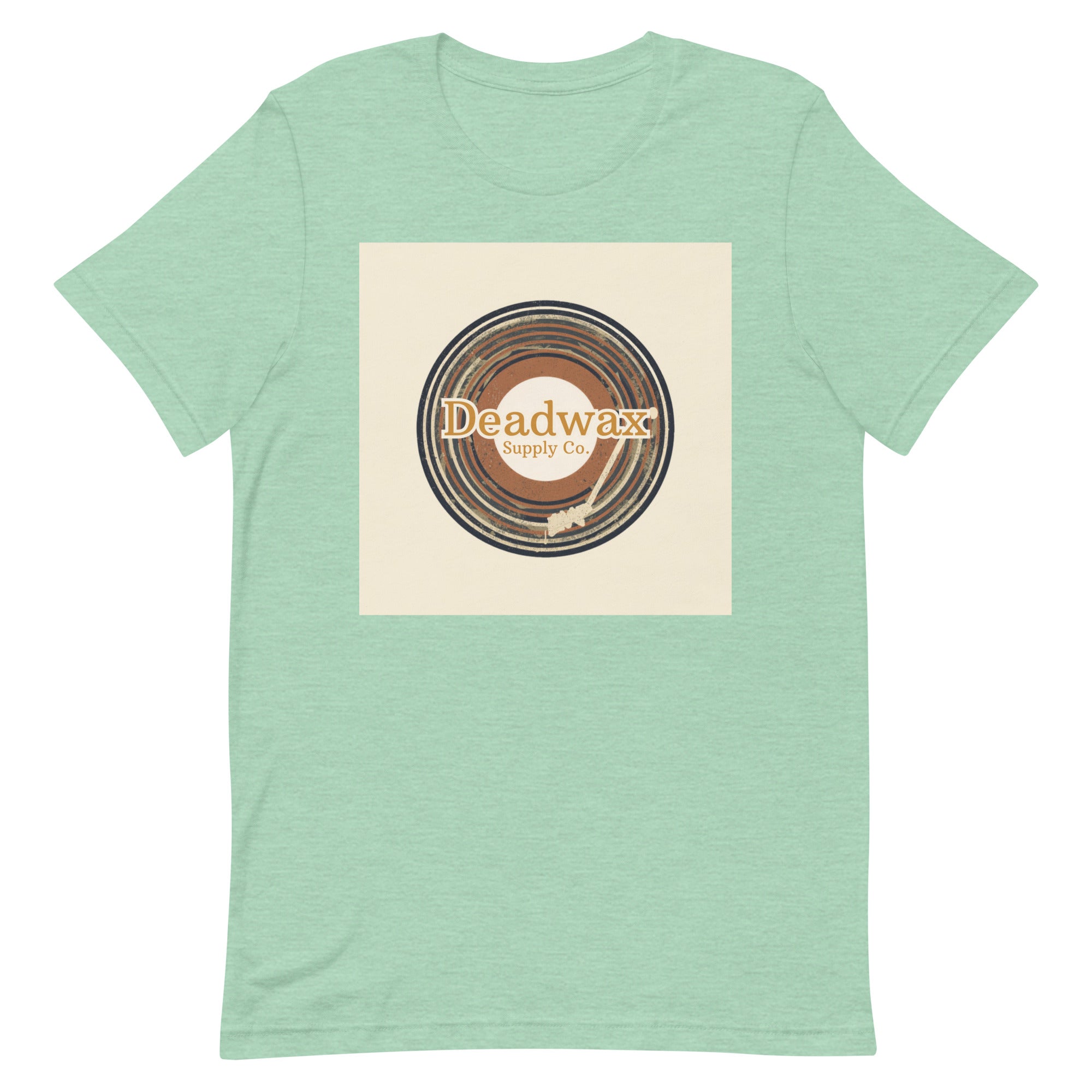 Deadwax Tonearm Tee in heather prism mint – vinyl record collector t-shirt with tonearm and record logo