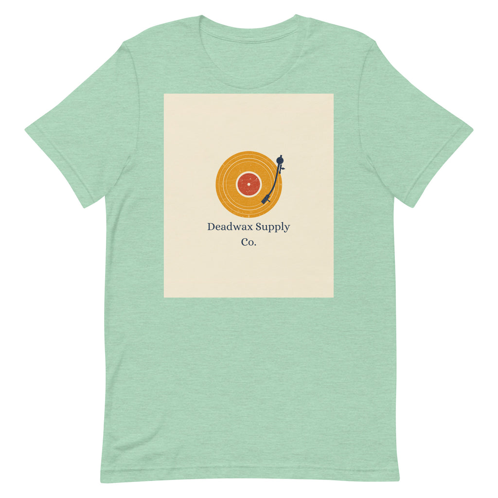 Deadwax Tonearm Tee in heather prism mint – vinyl record collector t-shirt with tonearm and record logo