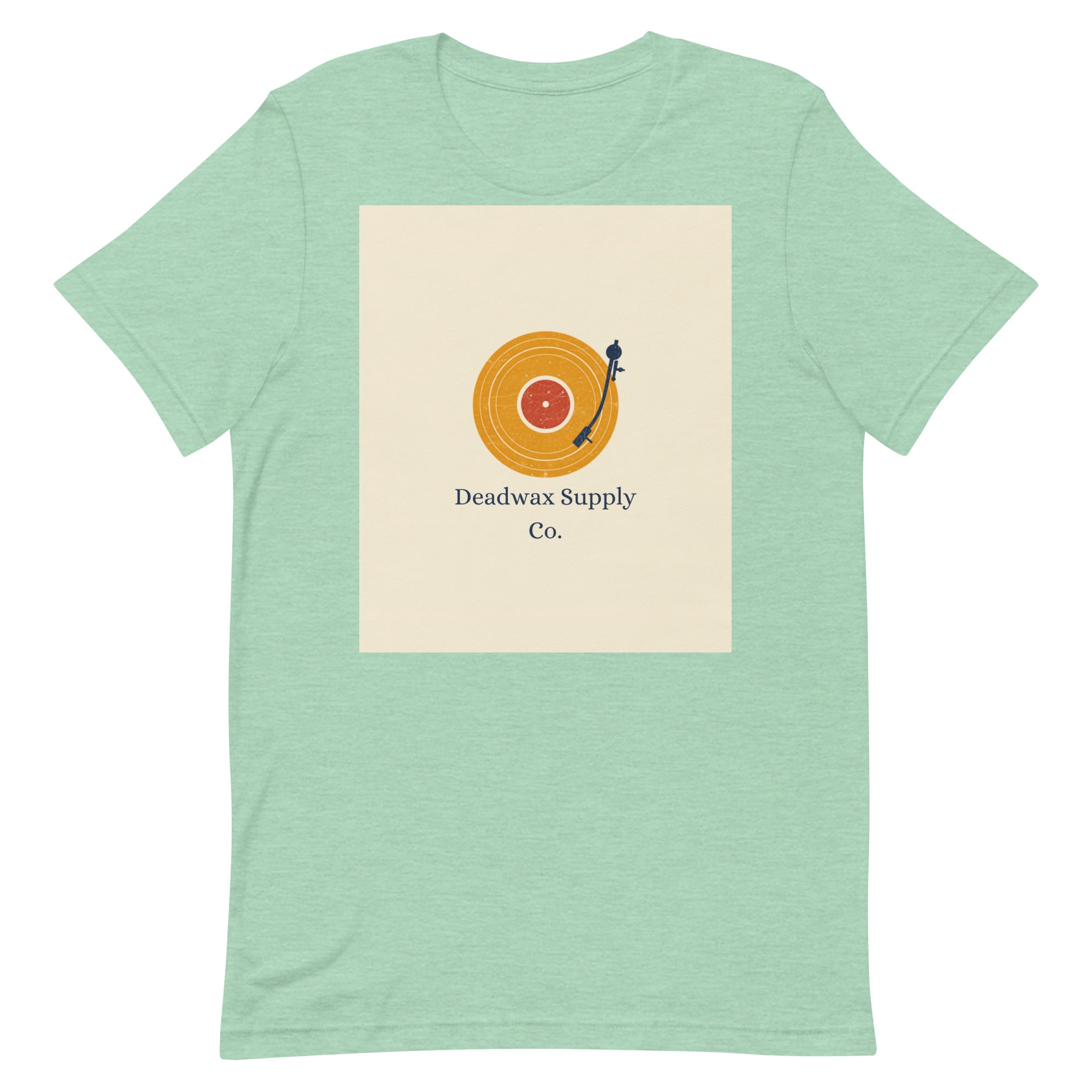 Deadwax Tonearm Tee in heather prism mint – vinyl record collector t-shirt with tonearm and record logo