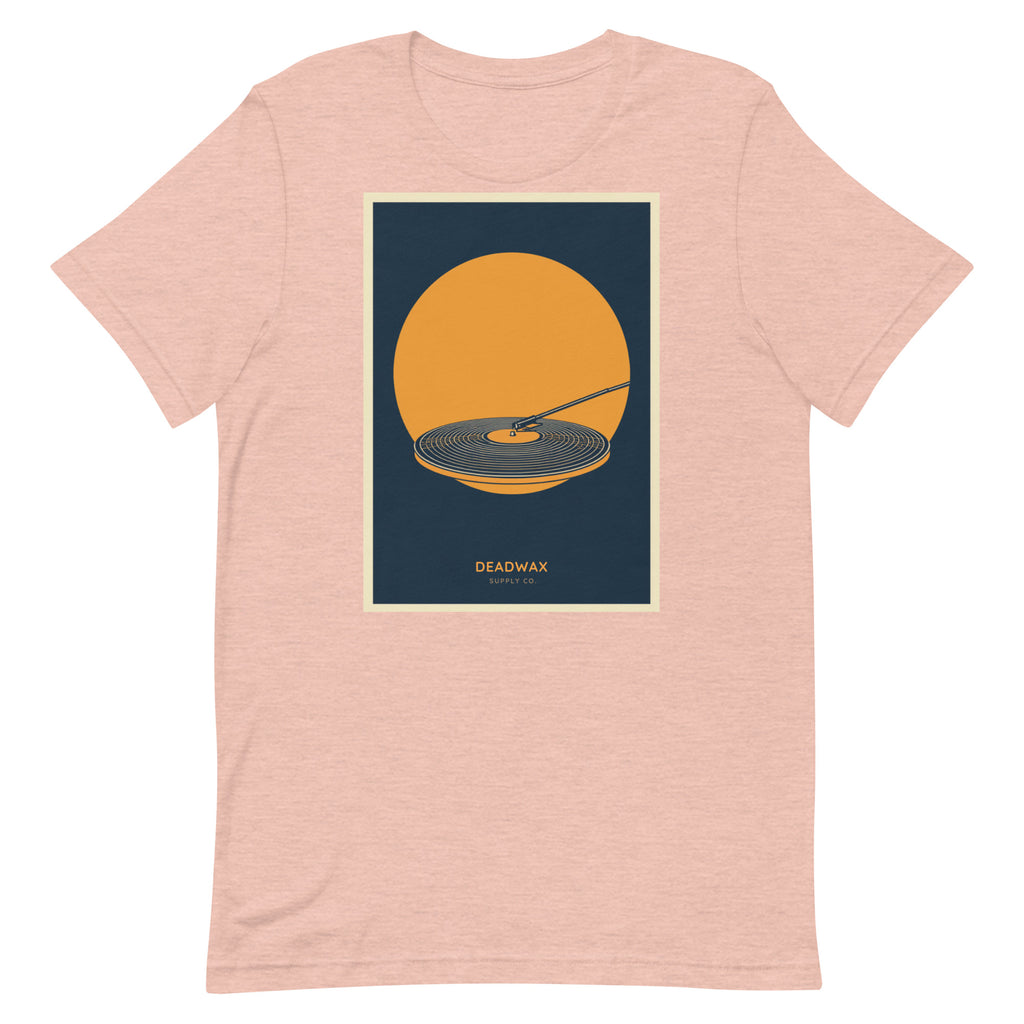 Deadwax Tonearm Tee in heather prism peach – vinyl record collector t-shirt with tonearm and record logo