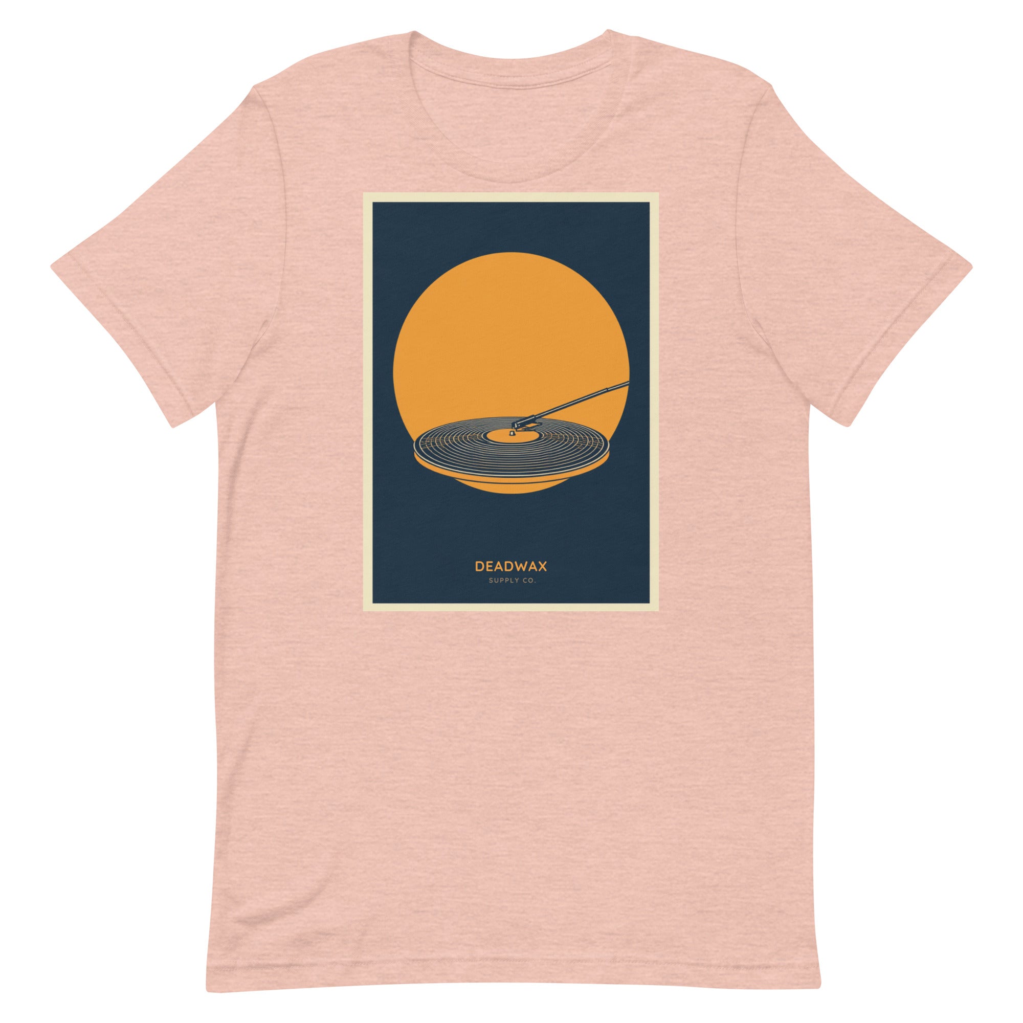 Deadwax Tonearm Tee in heather prism peach – vinyl record collector t-shirt with tonearm and record logo