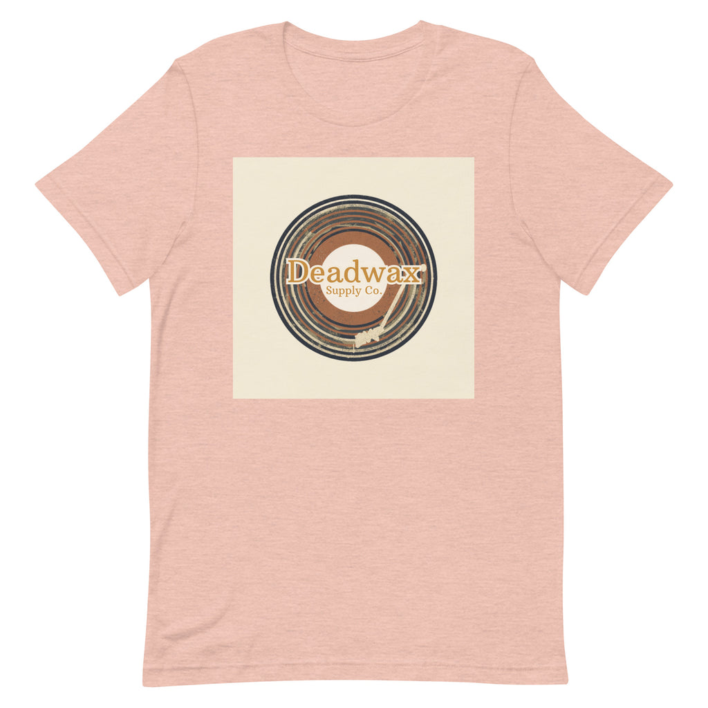 Deadwax Tonearm Tee in heather prism peach – vinyl record collector t-shirt with tonearm and record logo