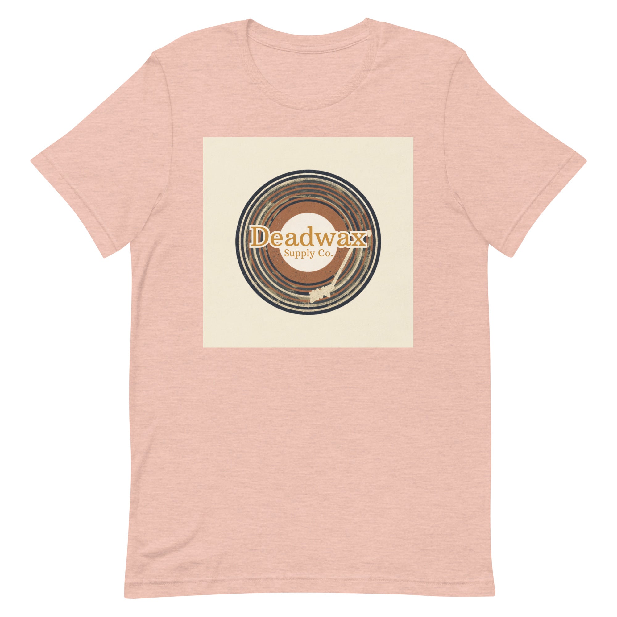 Deadwax Tonearm Tee in heather prism peach – vinyl record collector t-shirt with tonearm and record logo