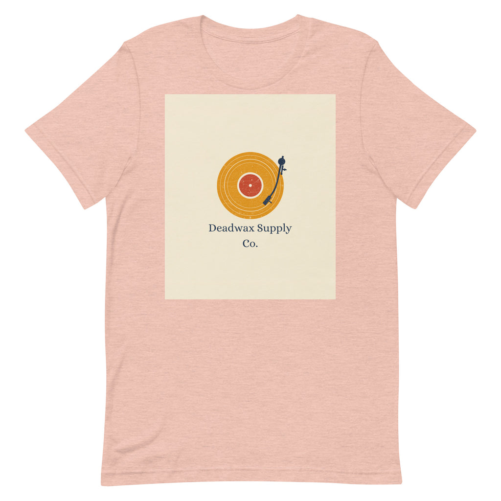 Deadwax Tonearm Tee in heather prism peach – vinyl record collector t-shirt with tonearm and record logo