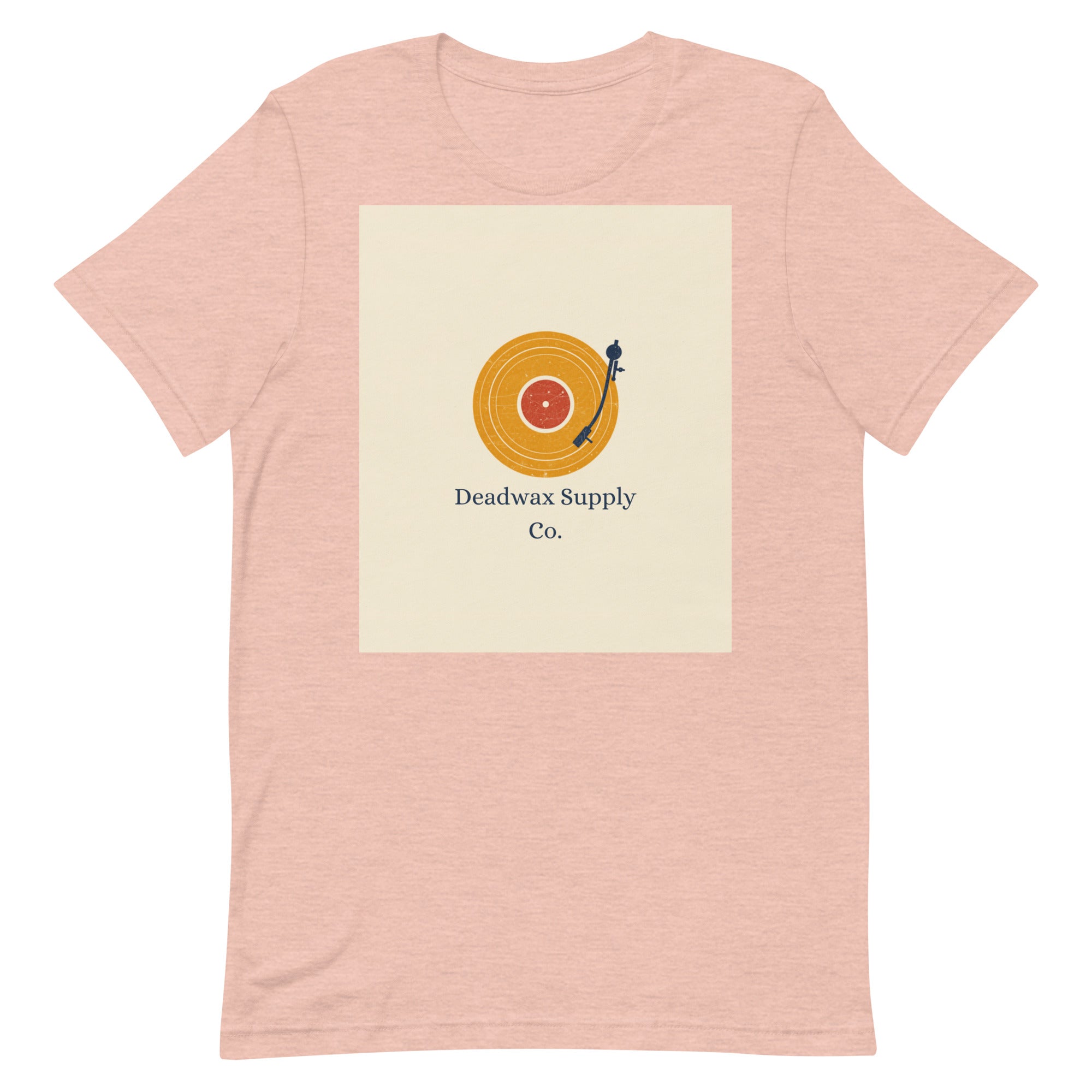 Deadwax Tonearm Tee in heather prism peach – vinyl record collector t-shirt with tonearm and record logo