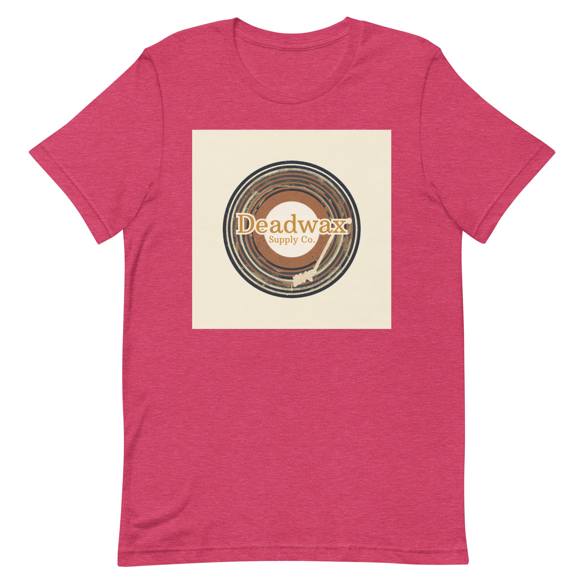 Deadwax Tonearm Tee in heather raspberry – vinyl record collector t-shirt with tonearm and record logo