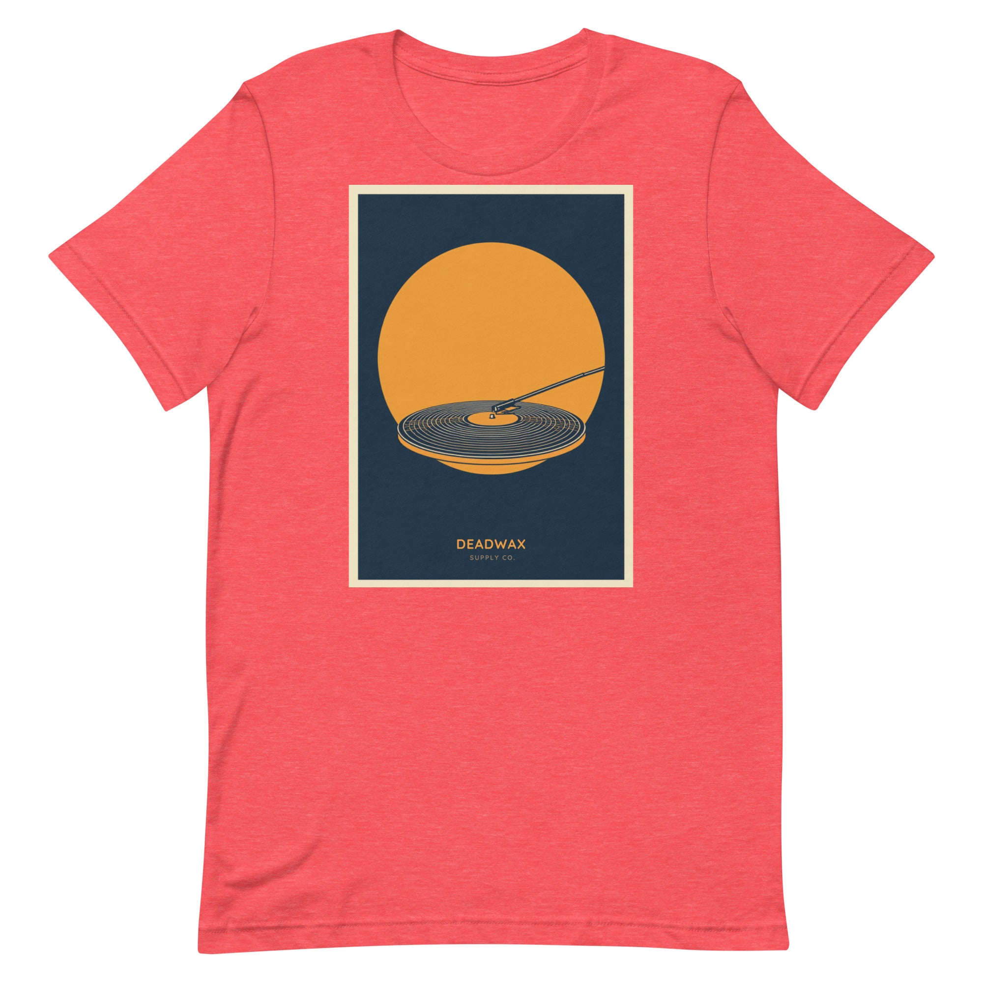 Deadwax Tonearm Tee in heather red – vinyl record collector t-shirt with tonearm and record logo
