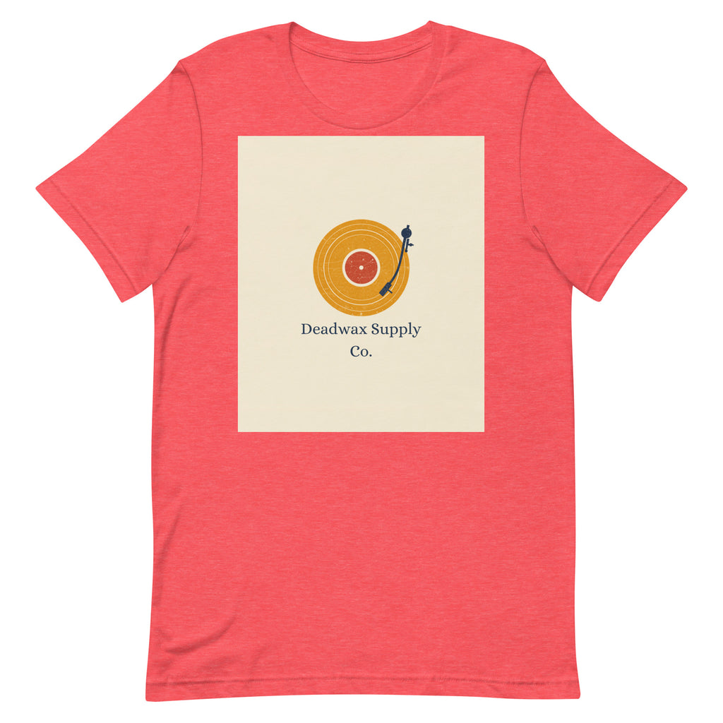 Deadwax Tonearm Tee in heather red – vinyl record collector t-shirt with tonearm and record logo