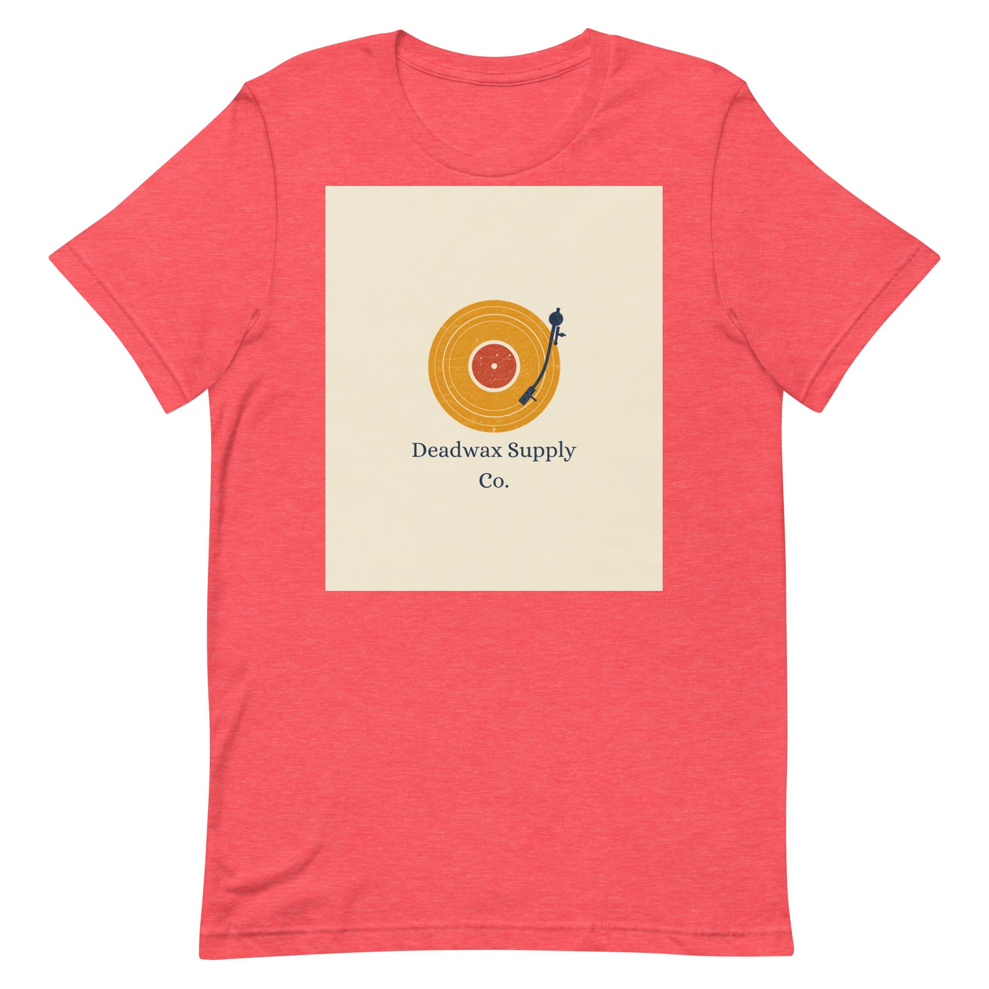 Deadwax Tonearm Tee in heather red – vinyl record collector t-shirt with tonearm and record logo