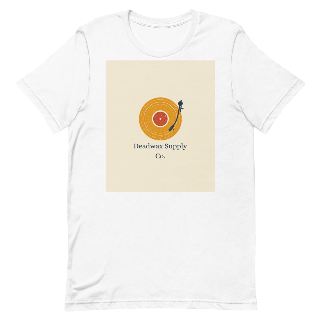 Deadwax Tonearm Tee in heather sage – vinyl record collector t-shirt with tonearm and record logo