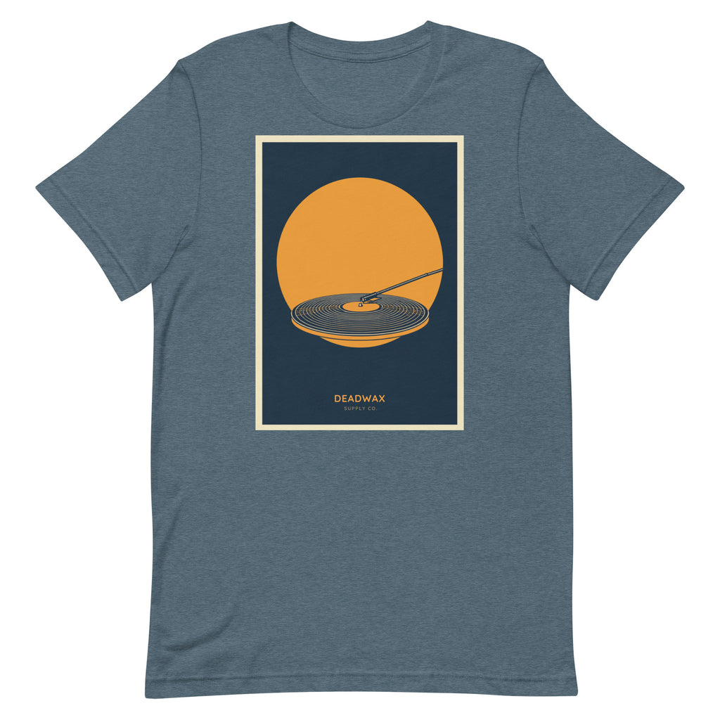 Deadwax Tonearm Tee in heather slate – vinyl record collector t-shirt with tonearm and record logo