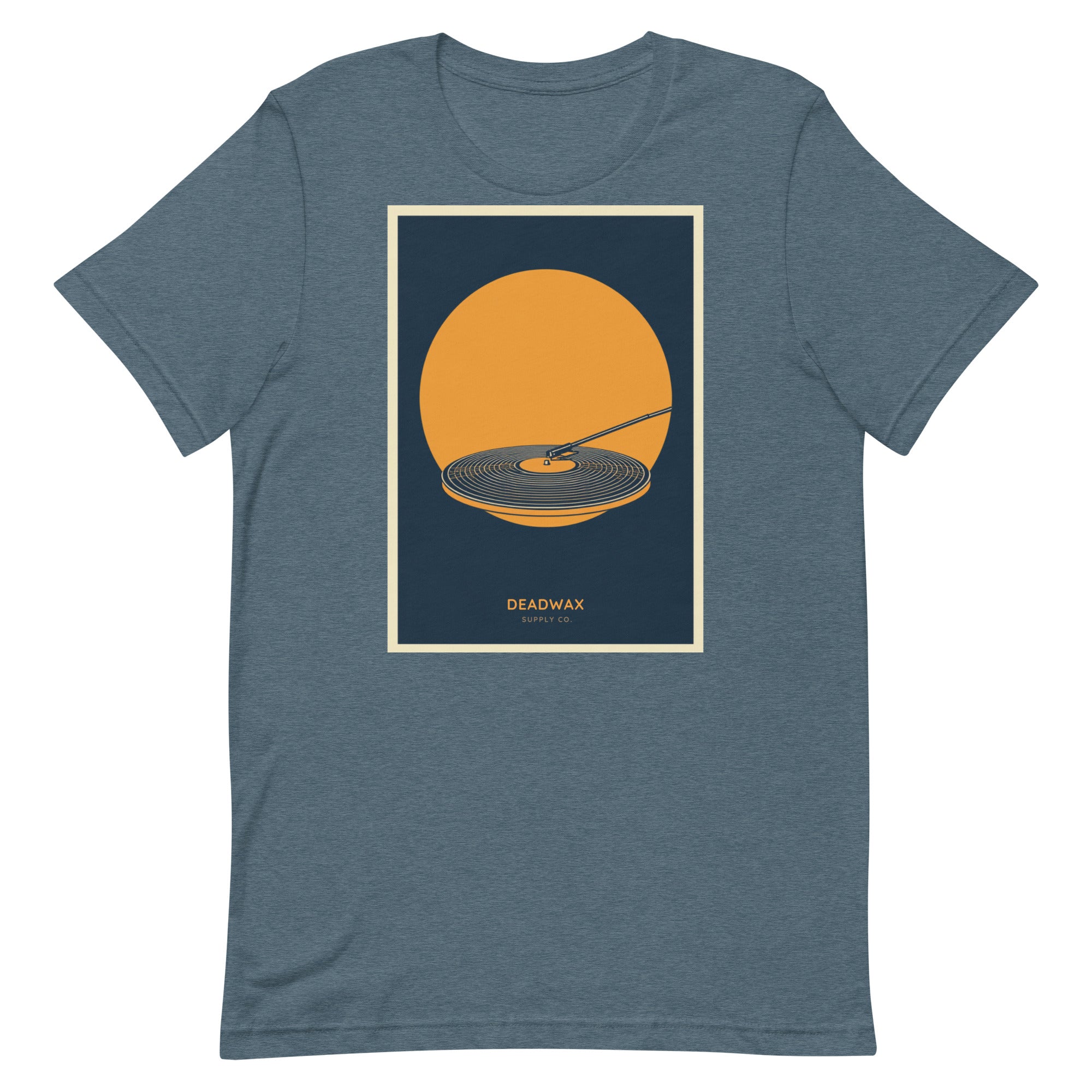 Deadwax Tonearm Tee in heather slate – vinyl record collector t-shirt with tonearm and record logo
