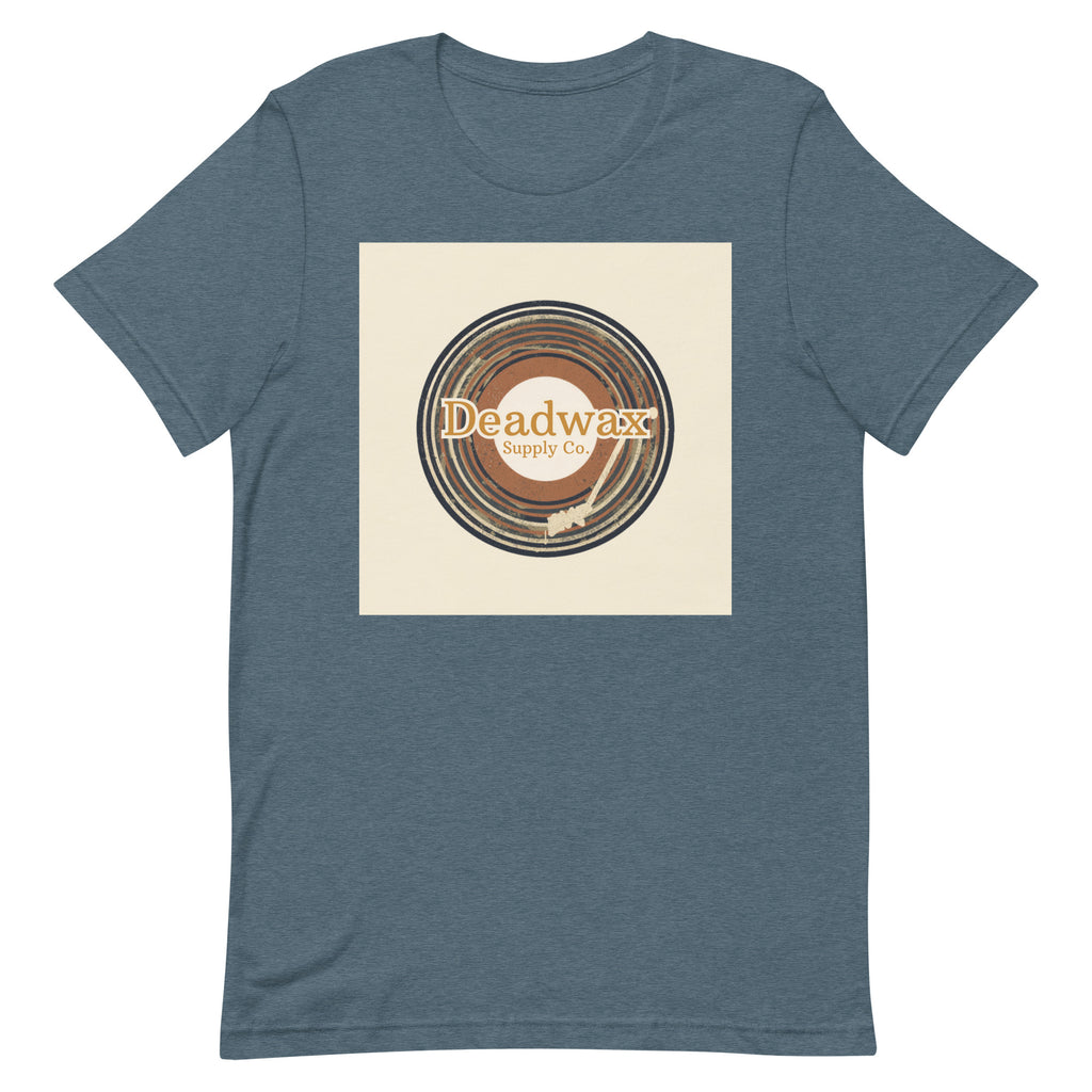 Deadwax Tonearm Tee in heather slate – vinyl record collector t-shirt with tonearm and record logo